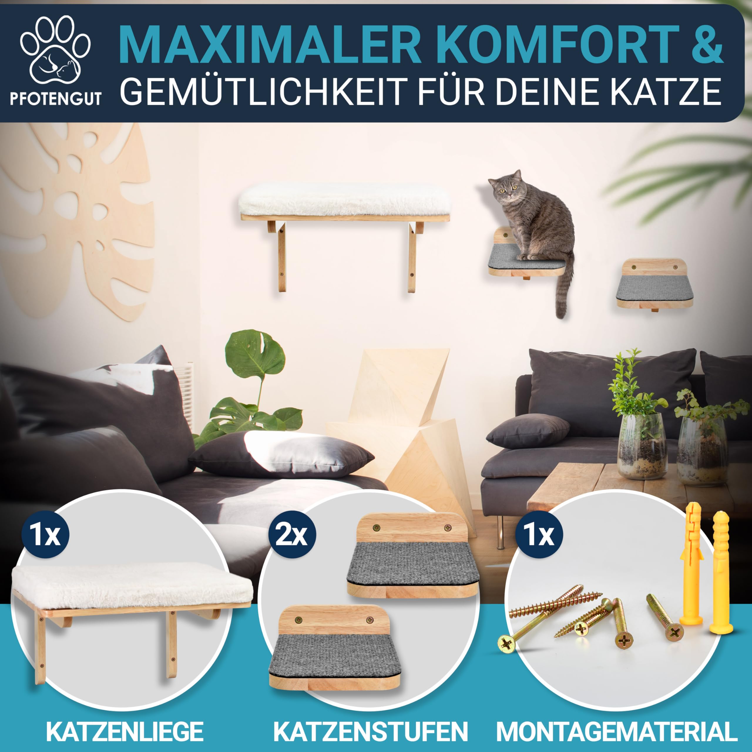 Katzen Kletterwand Set [3 Wandelemente] - Flexible Katzenwand mit großer Wandliege & 2 Treppenstufen inkl. Zubehör zur Wand-Montage [für Jede Katze geeignet]