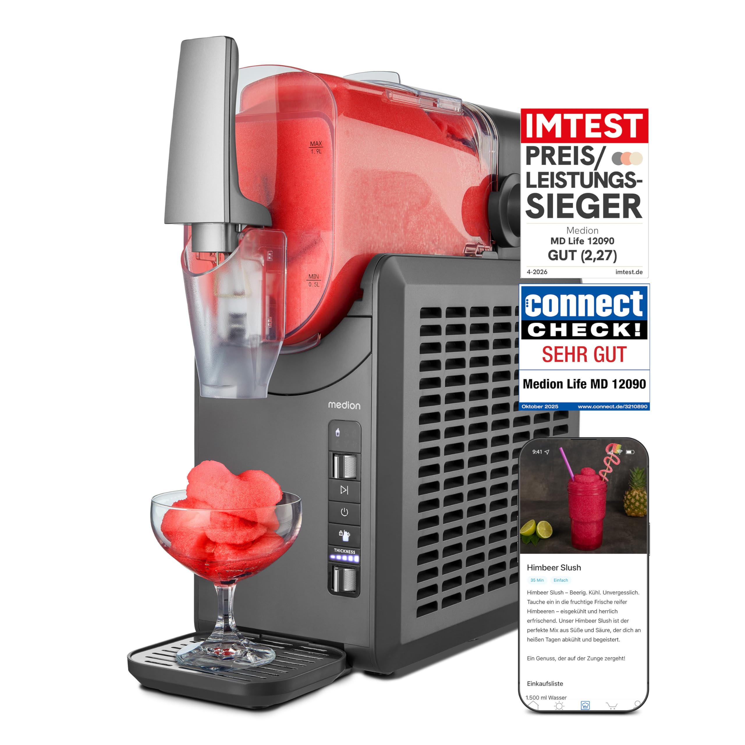 MEDION Slush Maschine (2,6 Liter Slush-Eis Kapazität, 1,9 Liter Fassungsvermögen, Slush Ice Maker für Getränke, 5 Getränkemodi, 30-60 Minuten Zubereitungszeit, Kompressor, Slush Eis Maschine, MD12090)