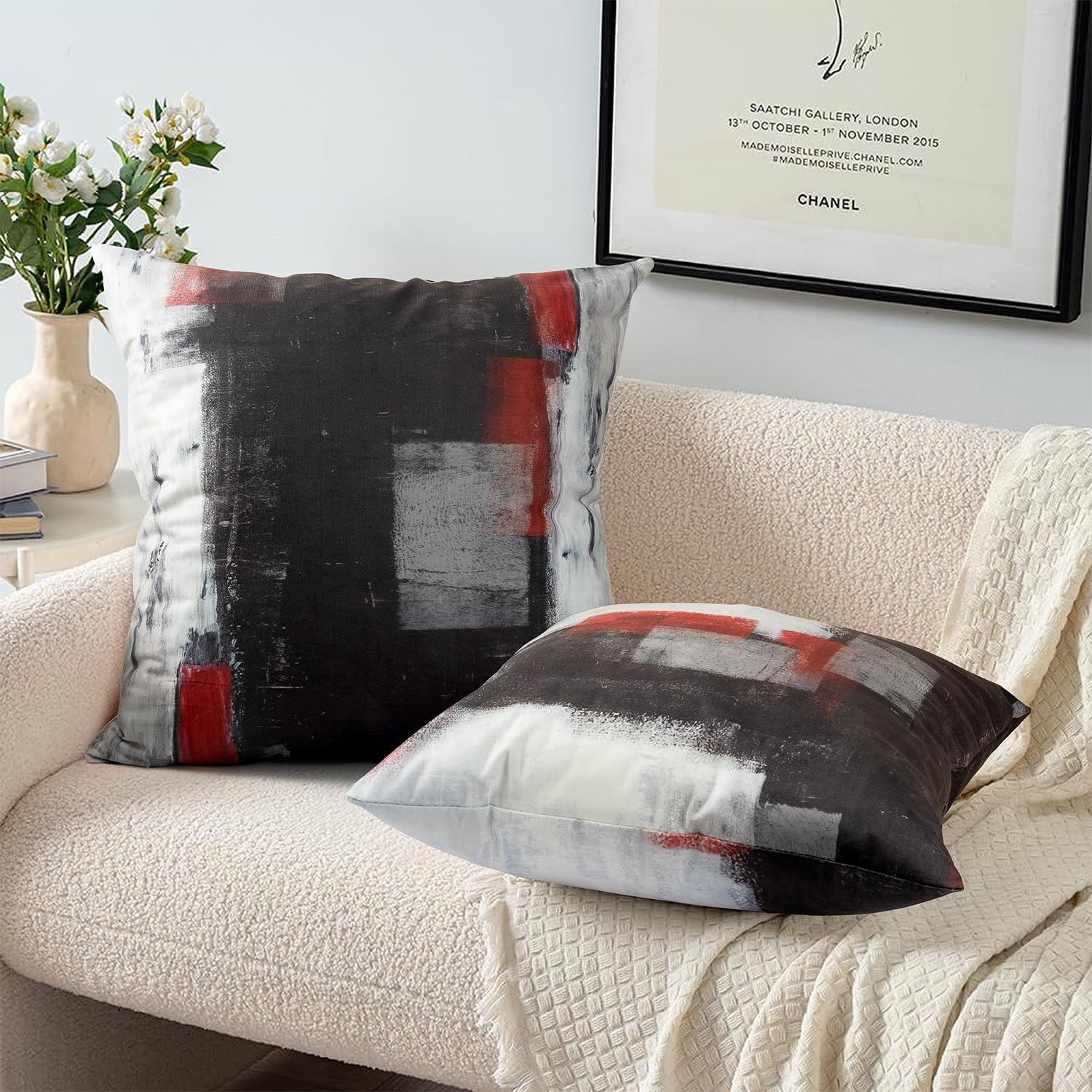 Emvency Set Di 4 Federe Per Cuscini Quadrate 45x45 Cm In Velluto Con Stampa Astratta Foglia Di Tè Rosso E Ruggine