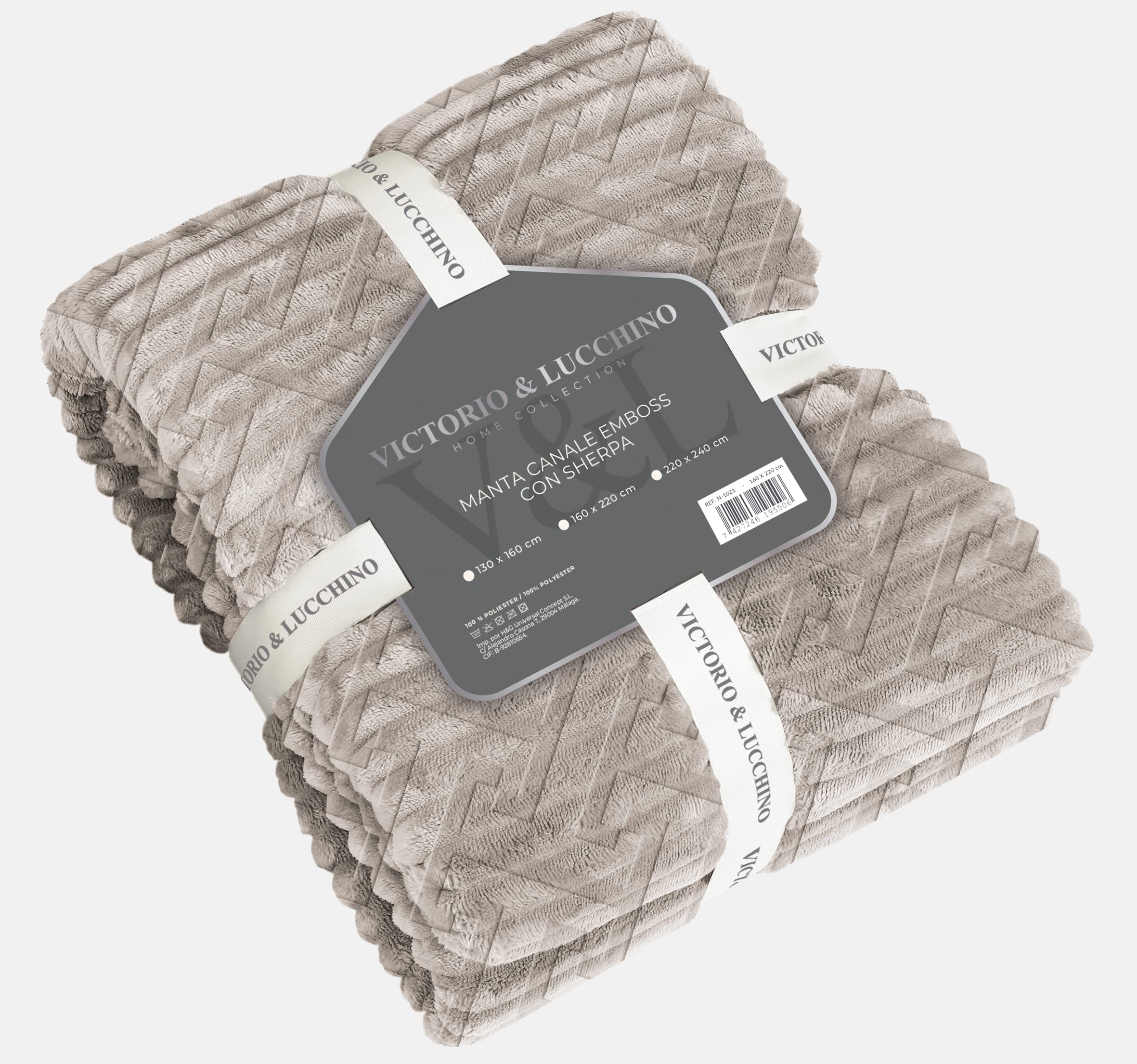 Victorio & Lucchino Manta Plaid Sofa Canale Emboss con Borreguito Sherpa - Manta Suave para el Sofa o para Cama (VL-80512) (130x160cm, Camel)