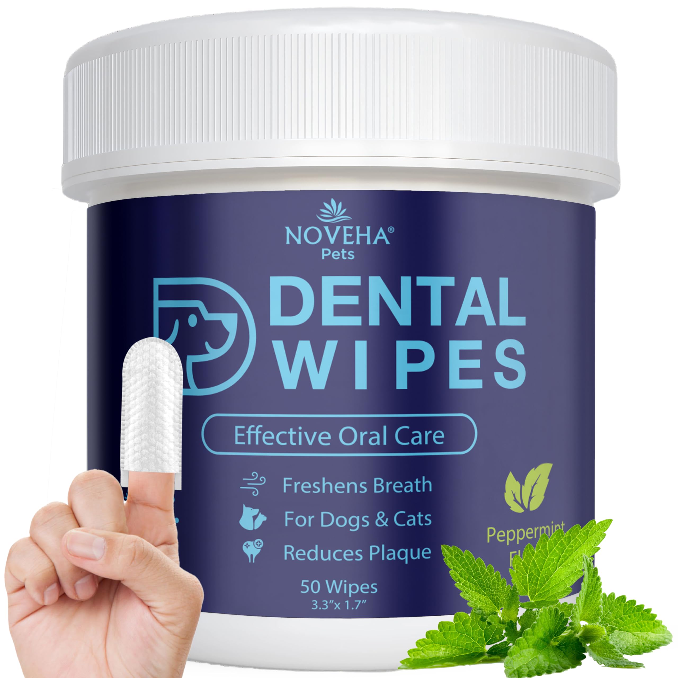 NOVEHA Lot de 50 lingettes dentaires pour animaux de compagnie pour chiens et chats | Rafraîchit l'haleine, réduit la plaque dentaire | Des gencives plus saines | Nettoie les dents sans brosse à dents
