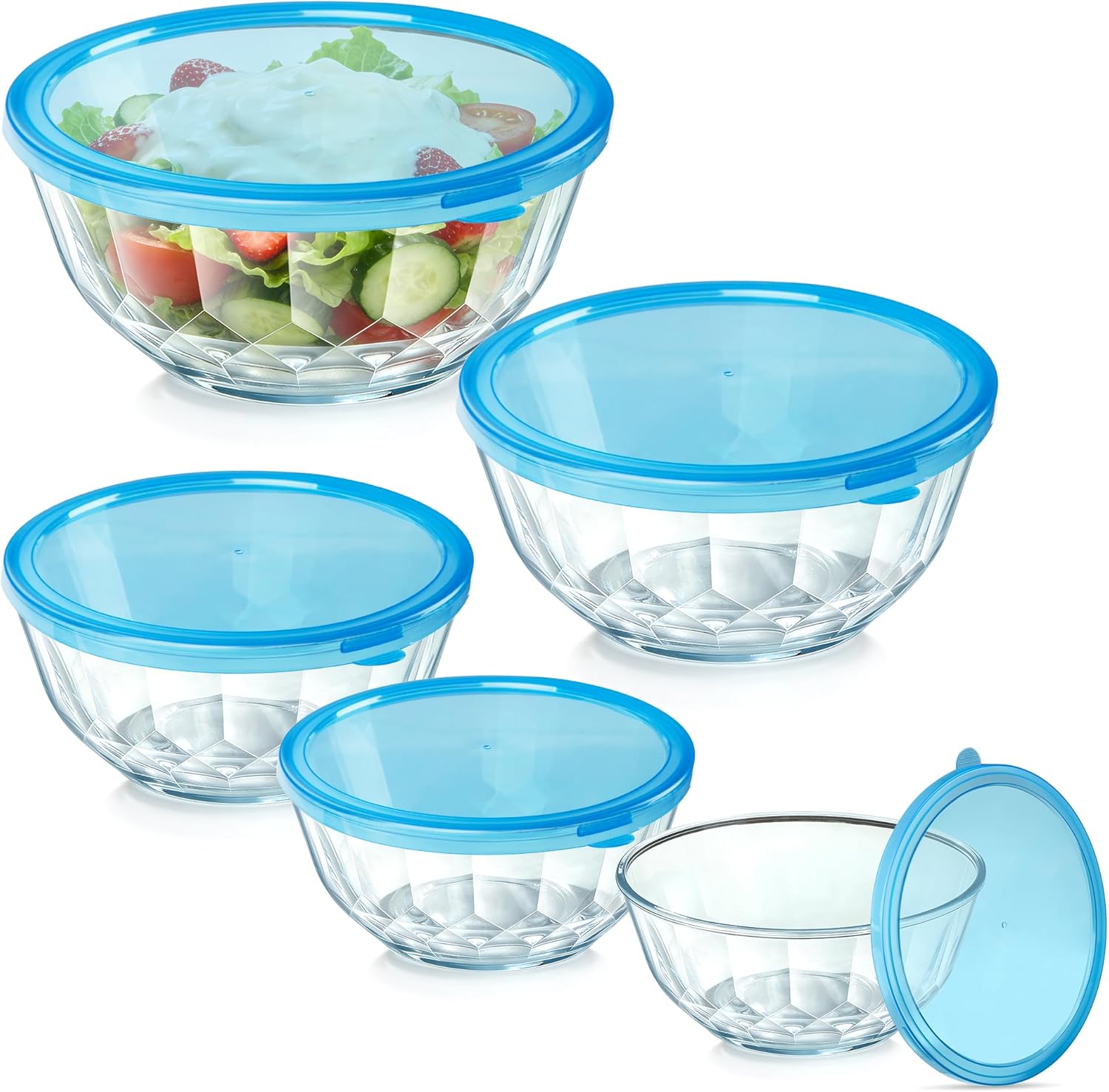 Thick Glass Mixing Bowls with Airtight Lids Set, 5-Piece Nesting Bowls for Baking & Meal Prep, BPA Free, Dishwasher Safe, 0.5/0.8/1.6/2.7/4.4 Quart - Blue