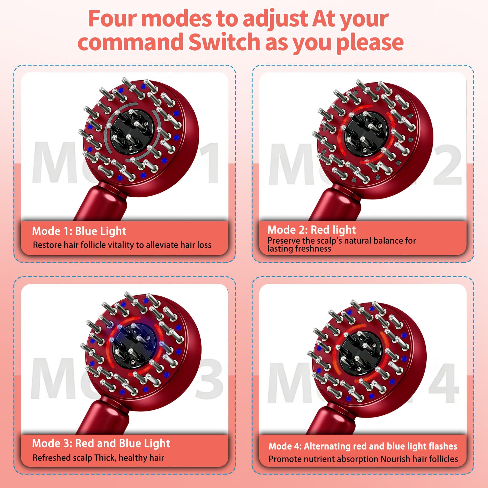 Spazzola elettrica per massaggio del cuoio capelluto, massaggiatore elettrico per cuoio capelluto 2 in 1, applicatore di olio per capelli con luce rossa, 4 modalità di massaggio e cura del (Rosso)