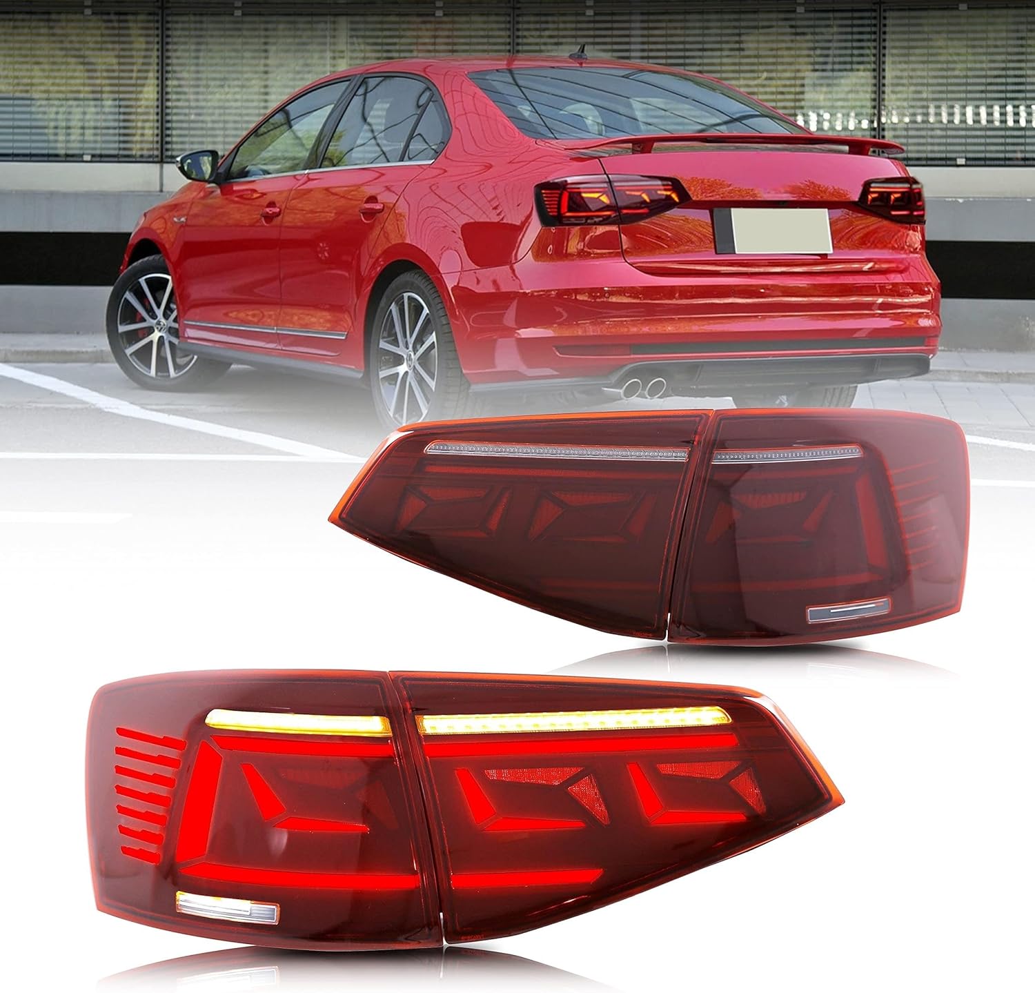 inginuity time LED Tail Lights For VW Volkswagen Jetta 2015 2016 2017 2018 With Start Up Animation With Sequential Turn Signal Rear Lamp Assembly (Red)