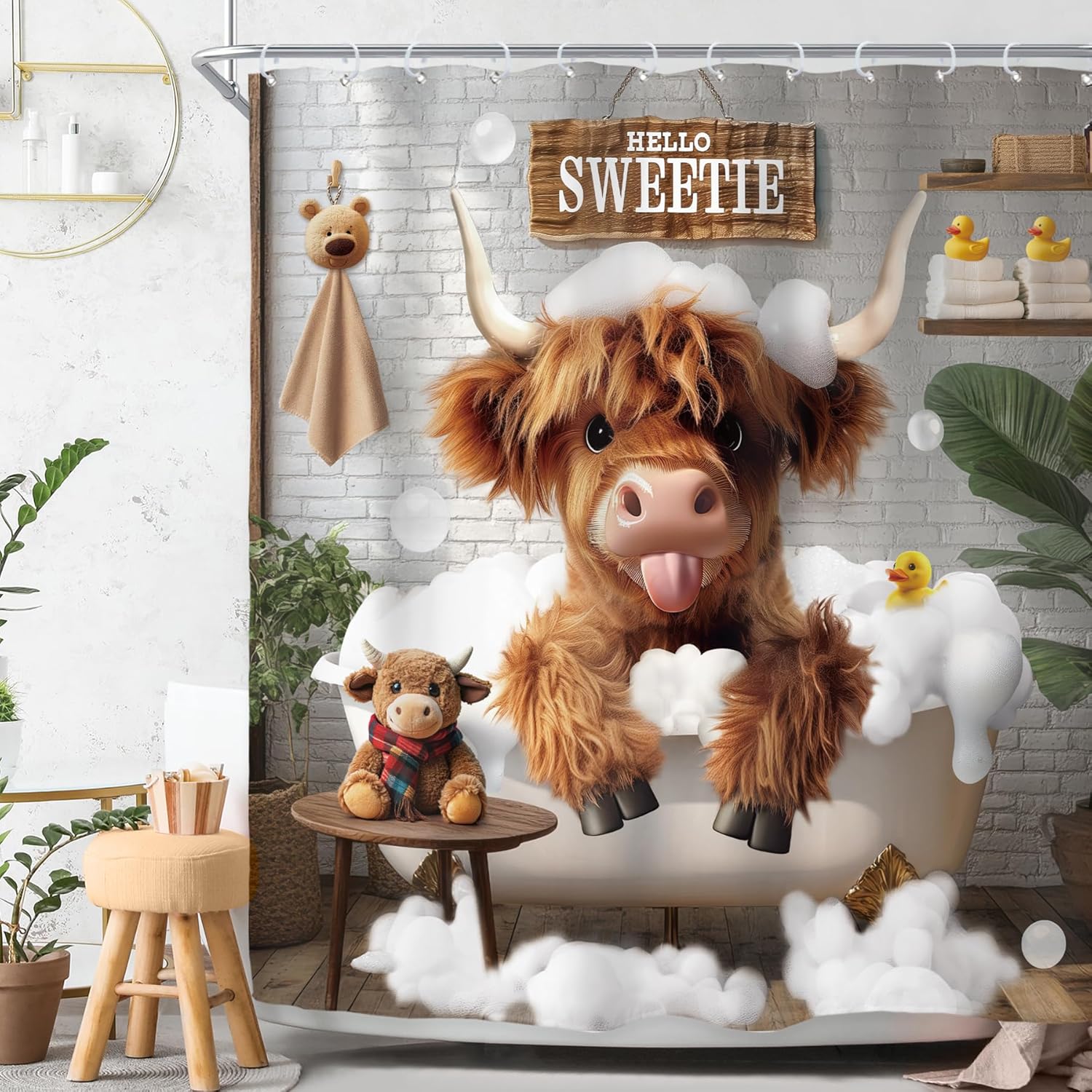 Riyidecor Cute Highland Cow 4Pcs Bathroom Shower Curtain Sets Western Rustic Wooden Board Bathroom Decor Set with Rugs and Accessories Farmhouse Toilet Lid Rug, Contour and Bath Mat with 12 Hooks