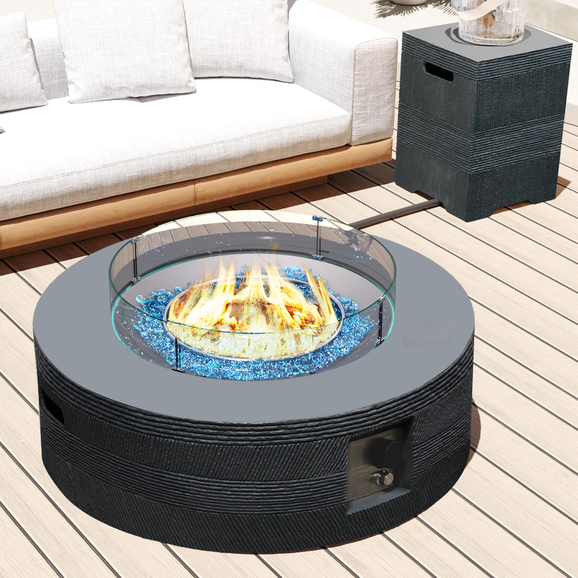 UPHA 42-inch Outdoor Propane Gas Fire Pit Table 50000 BTU Concrete Rectangle FirePit for Outside Patio with Propane Tank Cover, Wind Guad, Navyblue Fire Glass, Rain Cover, Grey Texture