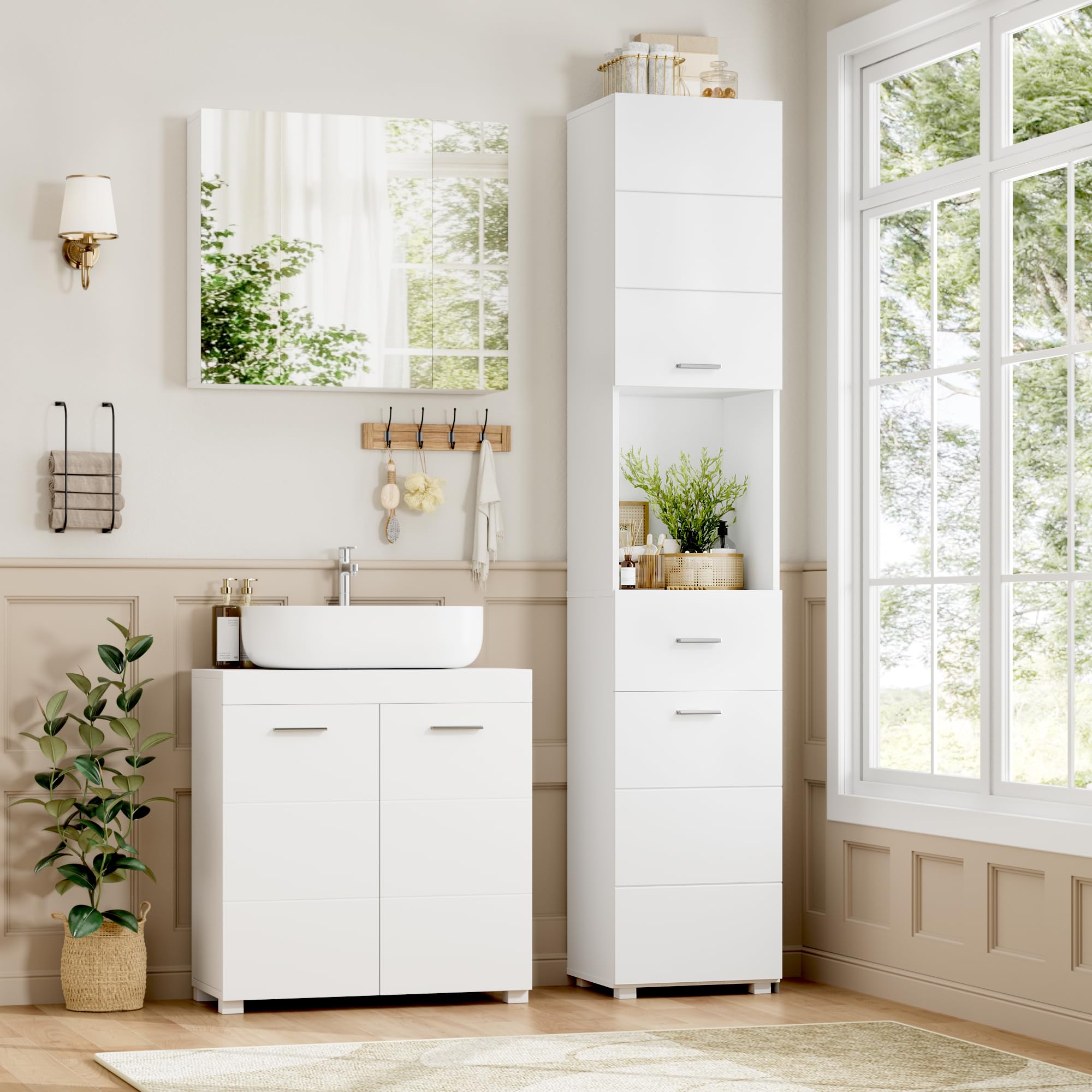 FOREHILL Armadio Colonna Bagno, Mobile Bagno Colonna con Ripiano Aperto, Armadietto Salvaspazio con 2 Ante 1 Cassetto Bianco 37x30x180cm