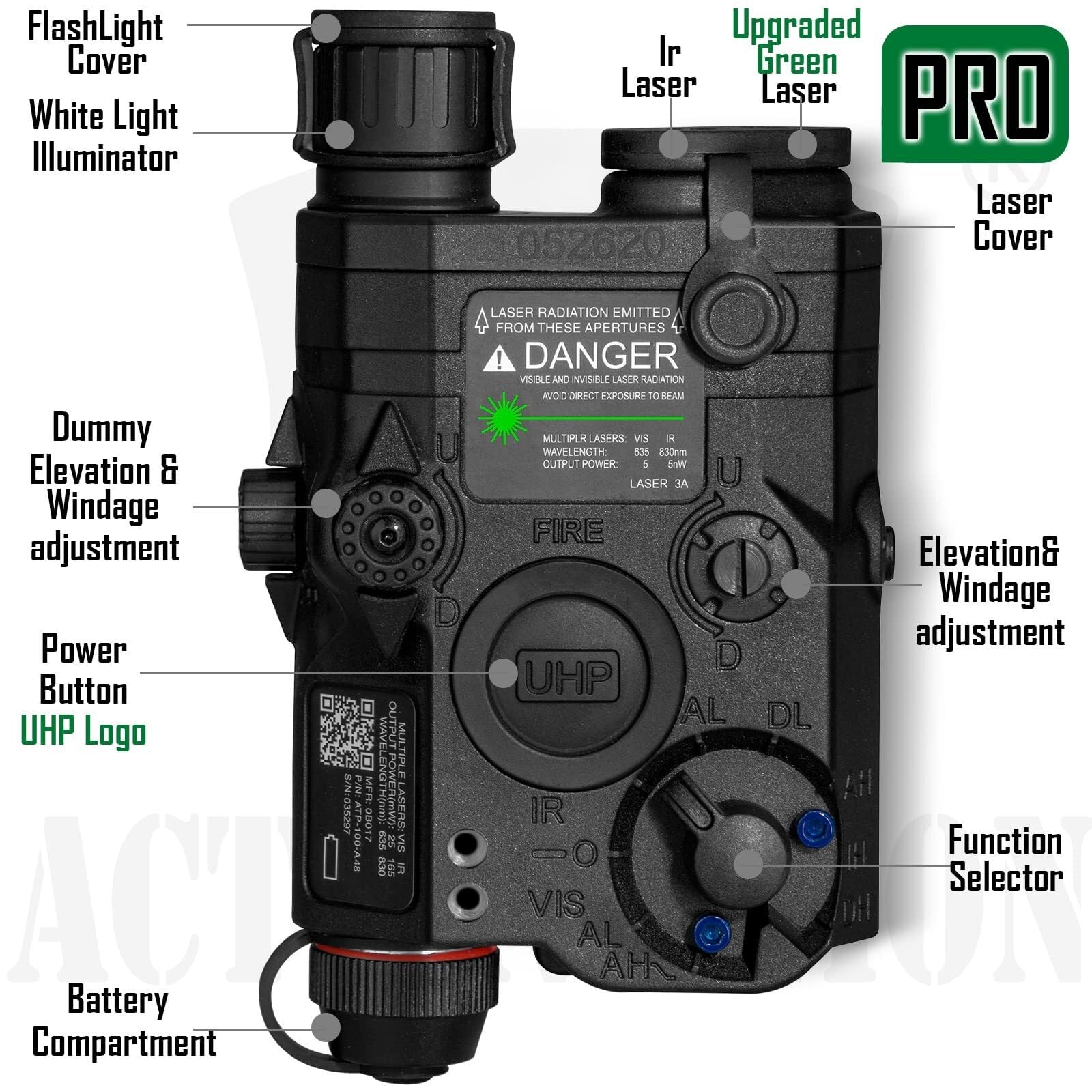 Airsoft PEQ-15 Pro IR Laser + UHP Visible Green Laser + White LED Flashlight (Tan)