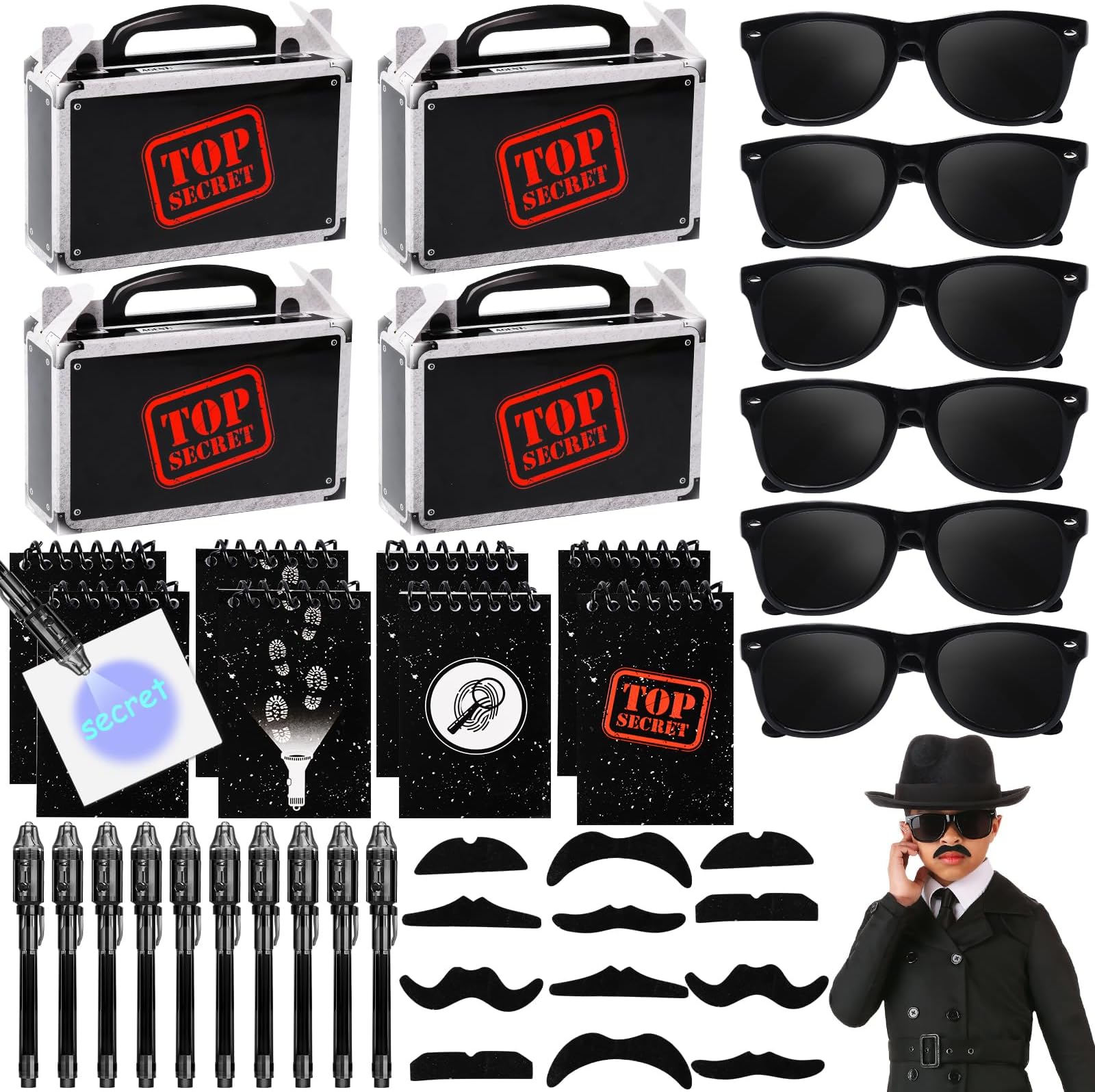 Toyssa Spy Party Bag Fillers for Kids Detective Party Favours Invisible Ink Pen Notebooks Boxes Mustache Sunglasses Birthday Party Supplies Pinata School Prizes Gifts for Boys Girls Kids