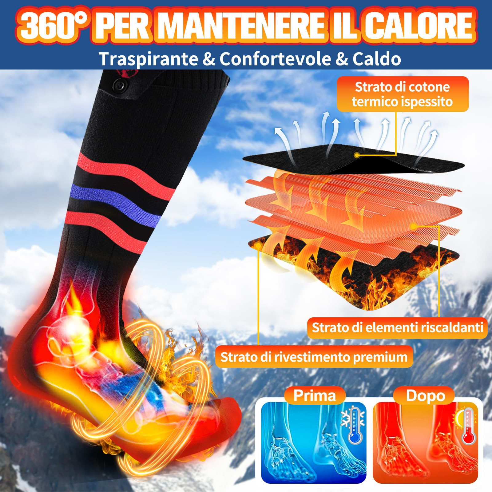 Multper Calze Riscaldate a Batteria per Uomo e Donna, 2×5000mAh Calze Termiche Ricaricabili, 3 Livelli di Calore, Calzini Termici Lavabili, Scaldapiedi Elettrico per Sport, Sci, Campeggio