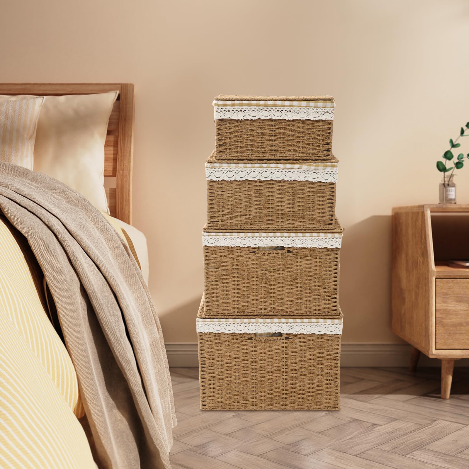 Set di 4 cestini in corda intrecciati con vassoio portaoggetti rettangolare impilabile rustico, cestino biancheria sporca con coperchio organizer, giocattoli, vestiti, con manico e fodera cesti