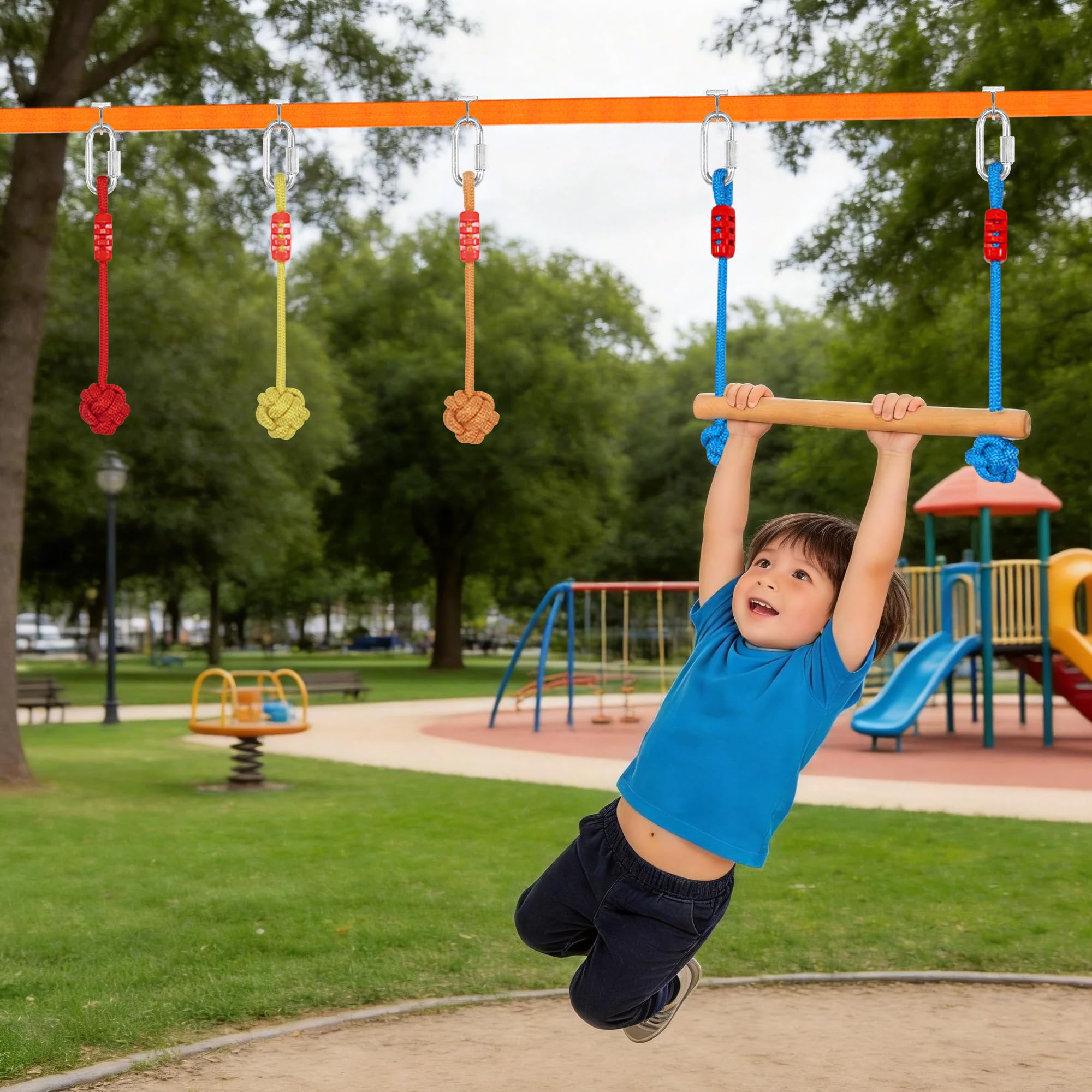 Slackline Kit pour Enfants, 15M Ninja Parcours d'obstacles pour Filles et Garçons, Comprend Échelles, Nœuds de Corde, Roues de Ninja, Anneaux de Suspension, Échelles d'escalade, etc