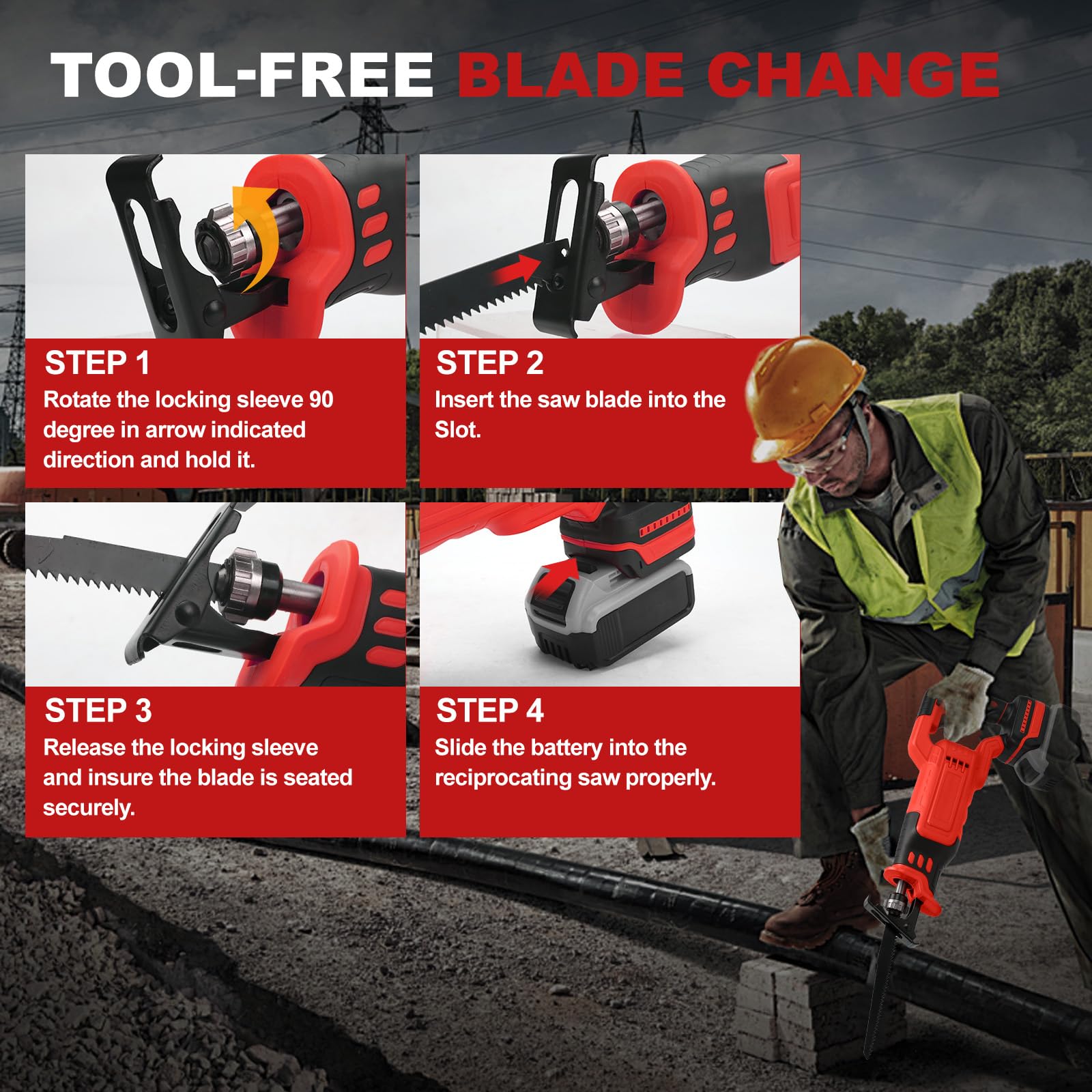 Roadtime Scie Sabre Sans Fil pour Milwaukee 18V batteries (sans batterie), Scie alternative moteur sans balais 3200 SPM,Changement de Lame sans Outil,Avec 8 Lames pour Coupe de Bois, Branches, Métal