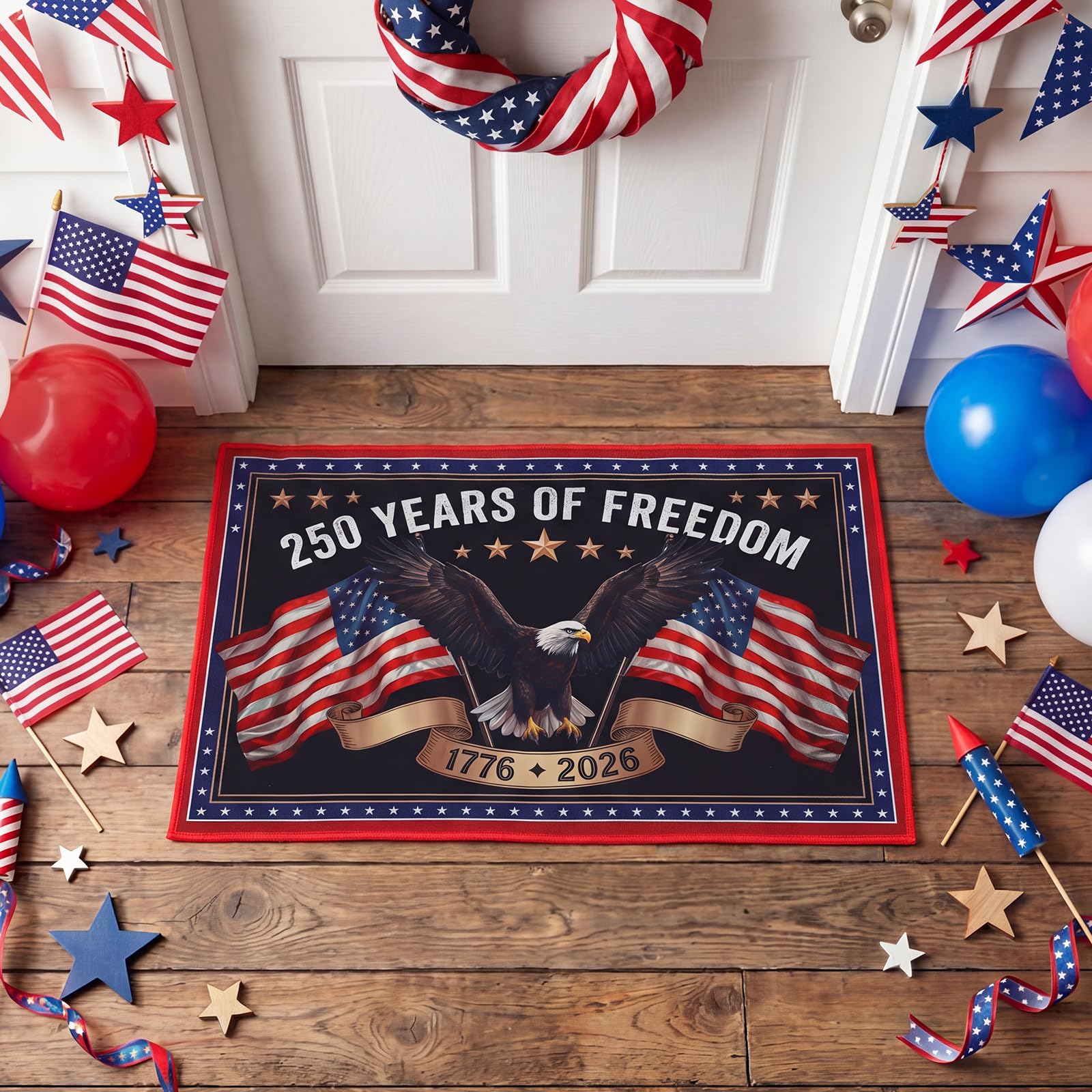 Photo 1 of Klyyo Clyro 250th Anniversary Doormat Patriotic Vintage Anniversary Door Mat Non-Slip Dirt Resistant Doormats for Floor for House Office Outside Inside Entrance Decor 29x17 Inch