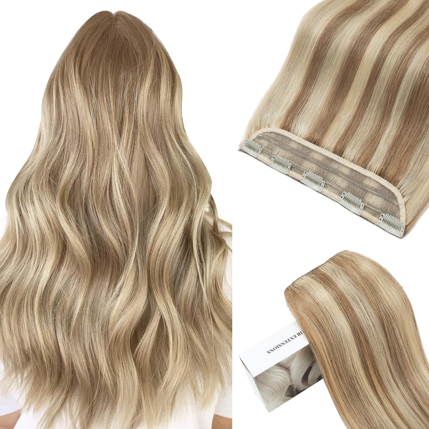 TESSHAIR 5 in 1 Clip in Hair Extensions - Real Human Hair, 20 Inch, 3/4 Full Head, Golden Brown & Bleach Blonde, 95g