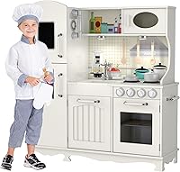 Kiddery Toys Wooden Play Kitchen for Toddlers Kids Ages 3-8: Pretend Set with Sink Oven Stove Microwave Lights & 9 Accessories