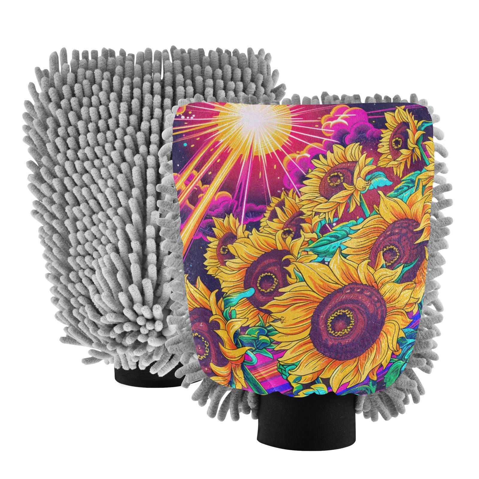 IOACIY Absorbent Microfiber Car Wash Drying Mitts, 2 Pack, Scratch-Free & Lint-Free, Rich Foam, Highly Absorbent, Double Sided, Wash Mitt Perfect for Car Washing, L, Sunflower (24)