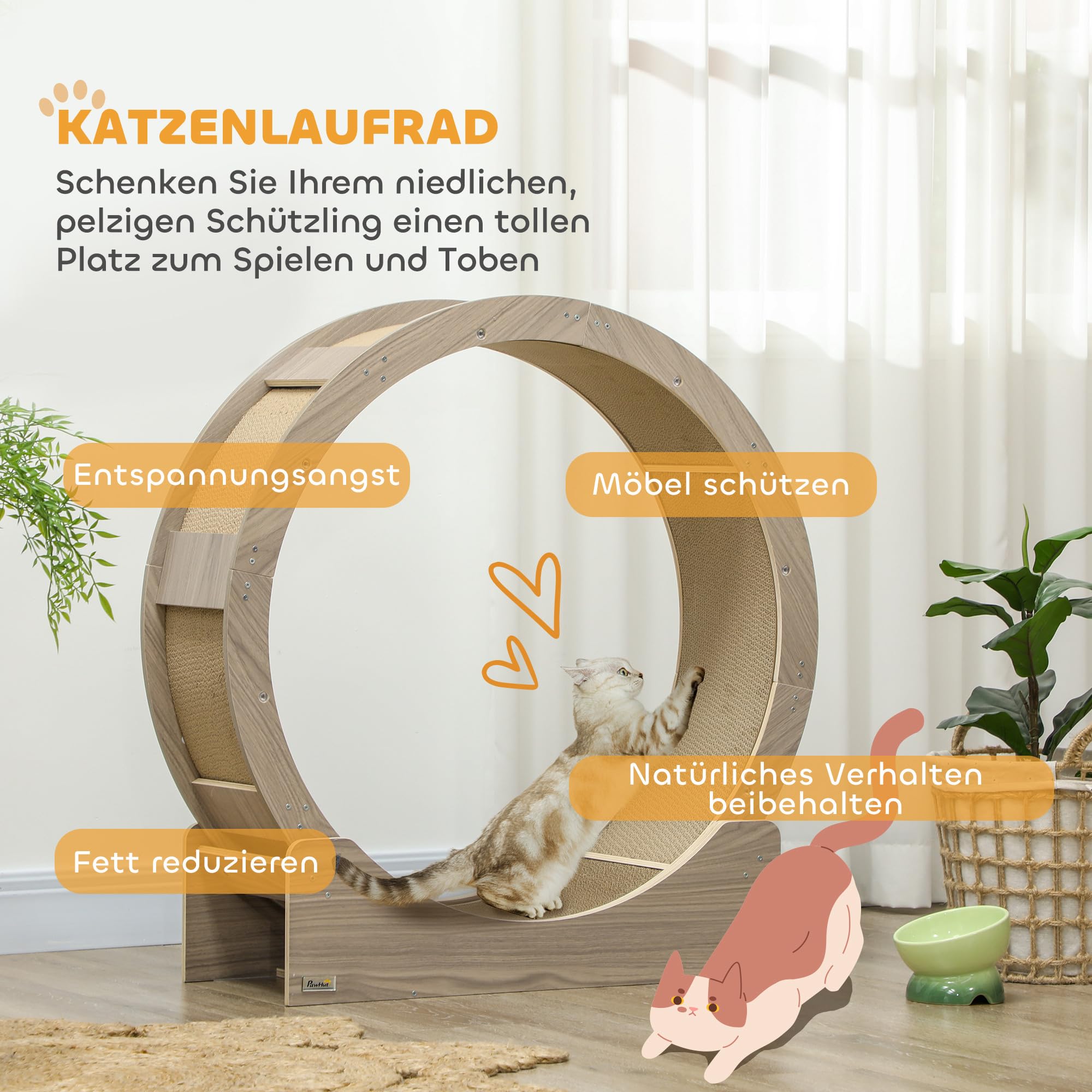 PawHut Rueda para gatos de 91 cm de diámetro, rueda de gato con freno, tabla de rascar, cinta de correr para pérdida de peso y salud, nogal
