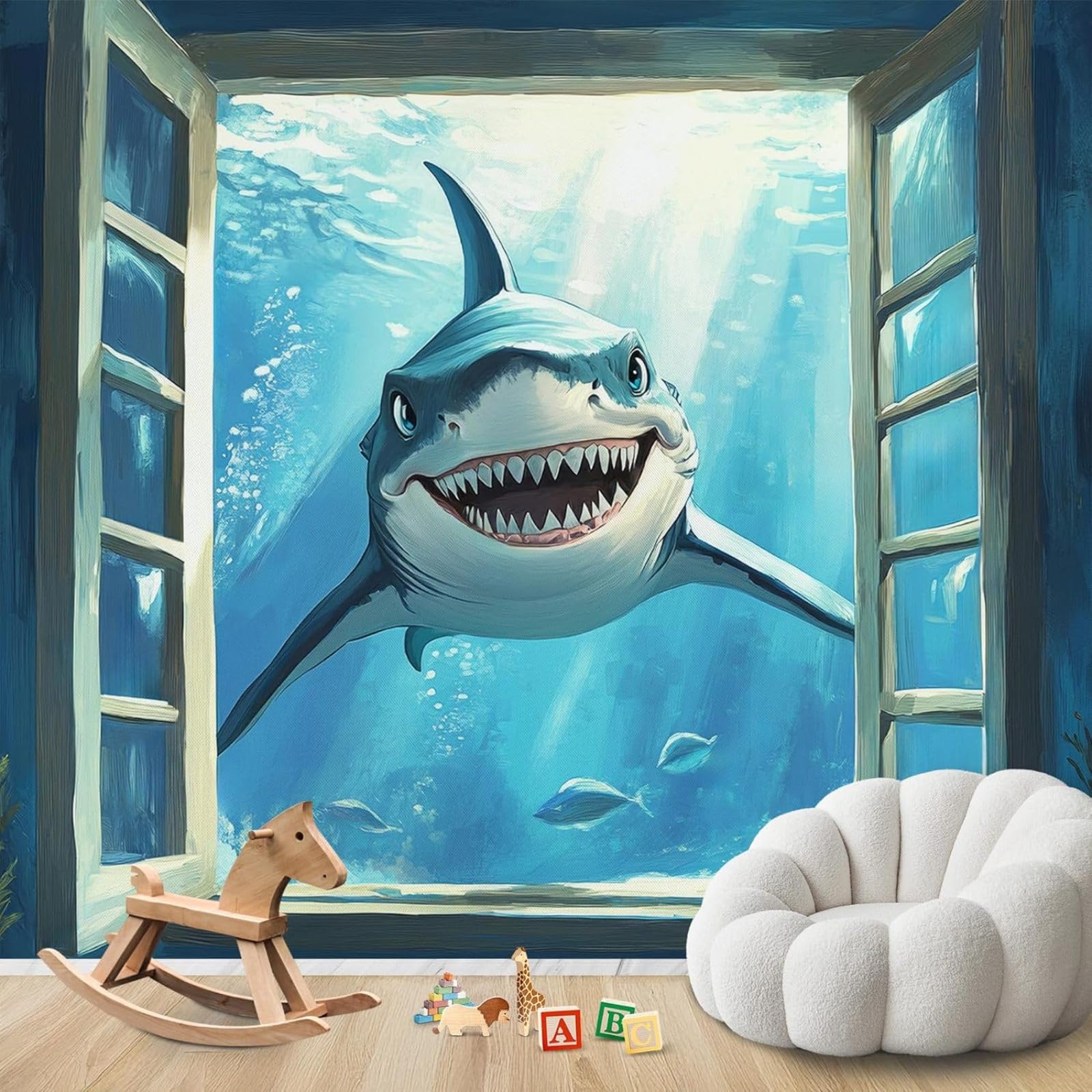 Kfjhgbdshhj 3D Mural Photo Wallpaper Underwater World Shark Window View Sea Animals Non-Woven Modern Living Room Bedroom Children's Room Decoration Motif Wallpaper,430Cmx300cm Wall Sticker - Background Wall - Painting - P