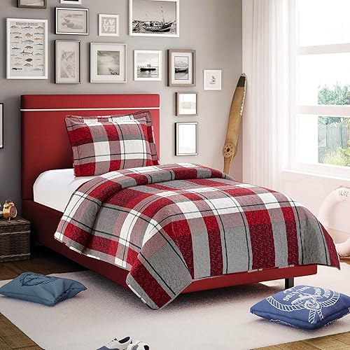 All American Collection Juego de colcha estampada suave y cómoda para niños, niñas y adolescentes (juego de colcha individual, cuadros rojos)