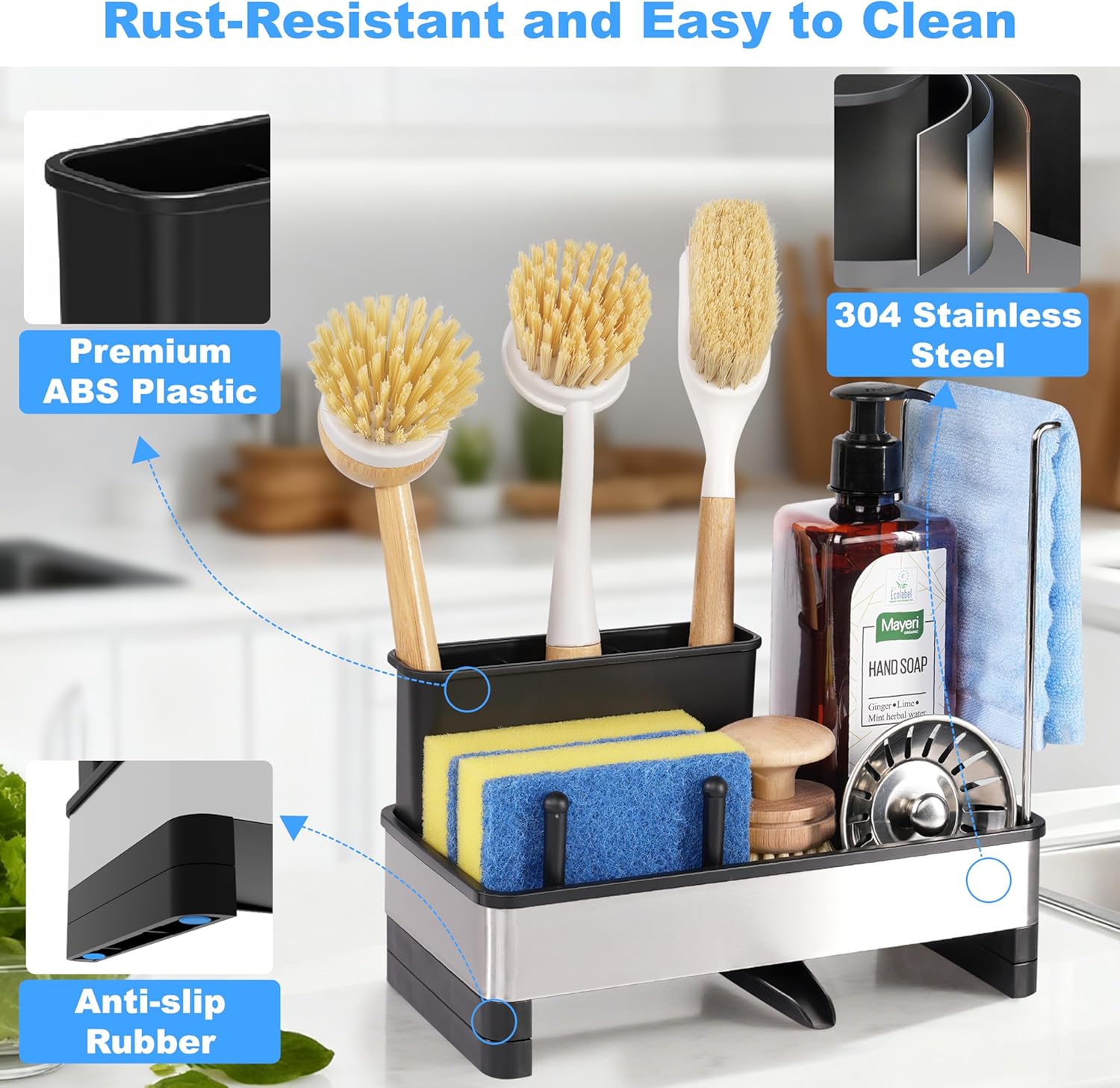 Kitchen Sink Caddy Organizer with Dish Brush Holder, Stainless Steel Sponge Holder with Dish Cloth Rack, Soap Sponge Caddy for Kitchen Countertop Sink Organizer and Storage Essentials - Image 4