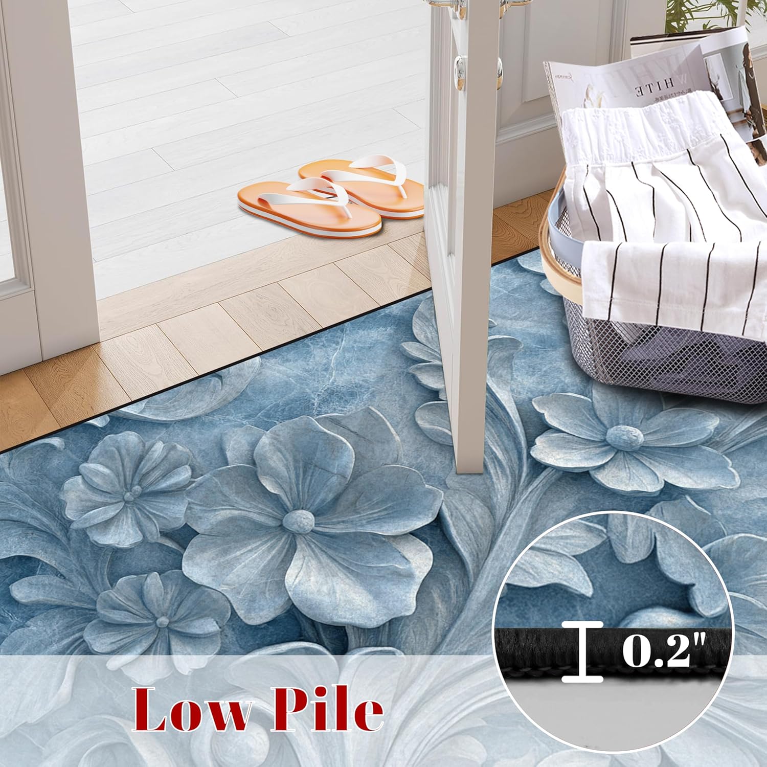 6x9 Blue Floral Rugs Washable for Living Room 3D Flower Area Rug Indoor for Laundry Nursery Bedroom Non-Slip Blue Boho Floral Carpet for Women