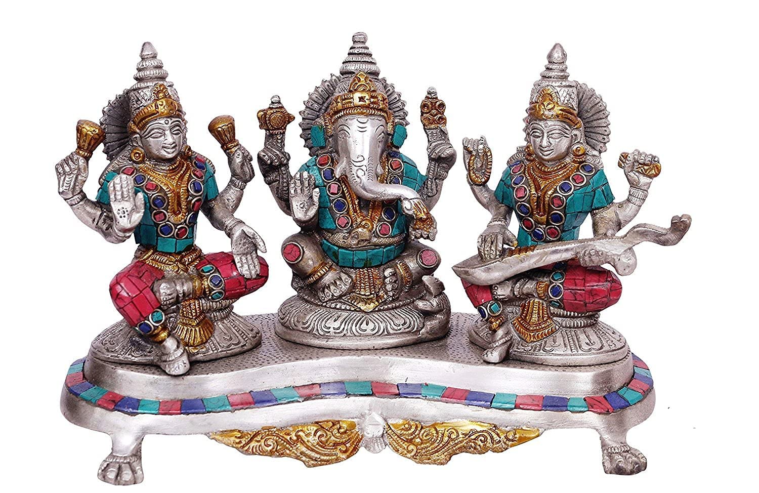 Dattatreya Brass Set Three StatueBrass Lakshmi, Ganesha and Saraswati Idol Statue Murti, Height 7 inches