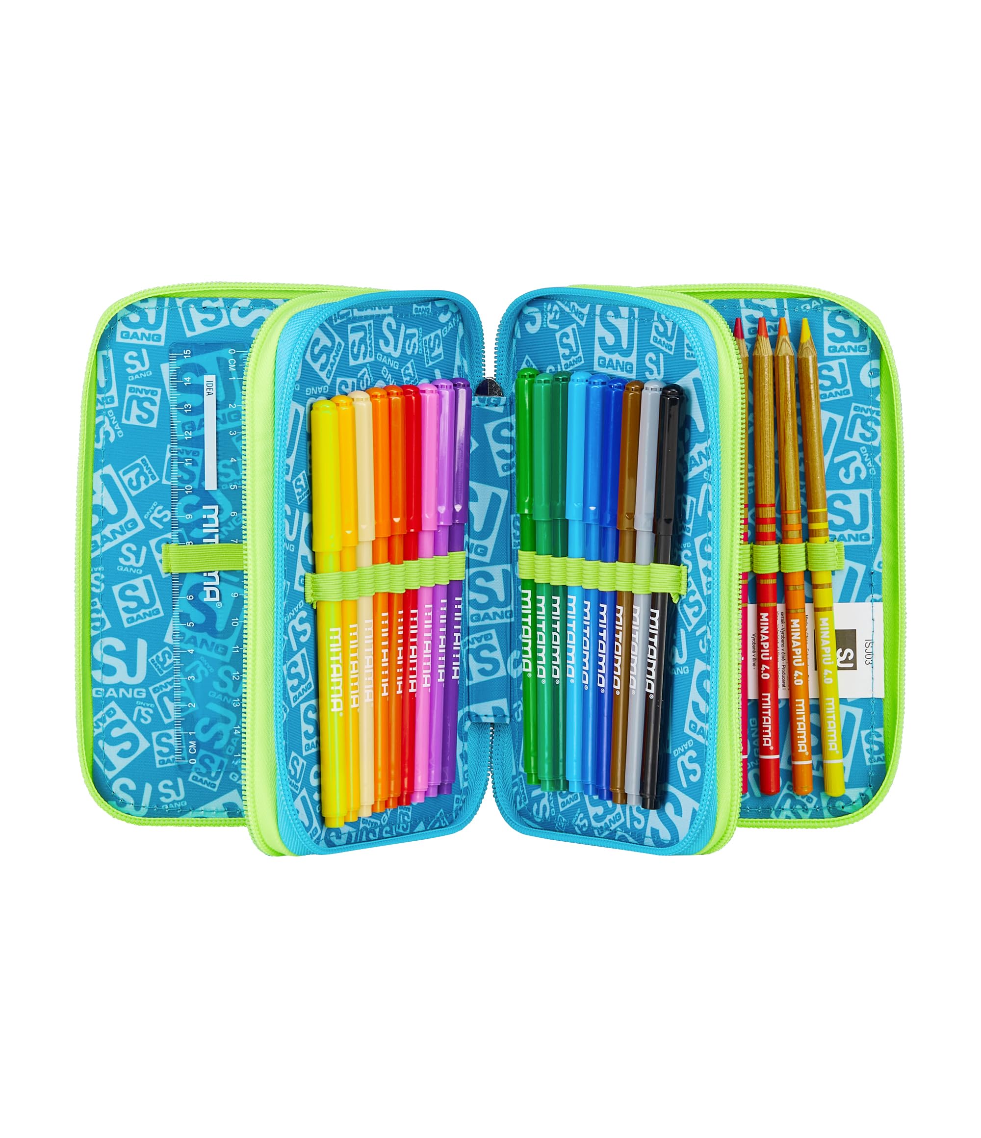 SJ GANG STYLE JAM GANG Trousse Scolaire 3 Zip, Bleu, Porte-Stylo Triple Compartiment Complet avec Stylets, Crayons, Couleurs, Accessoires Sac à Dos, école Primaire, Enfant, Bleu, Moderne