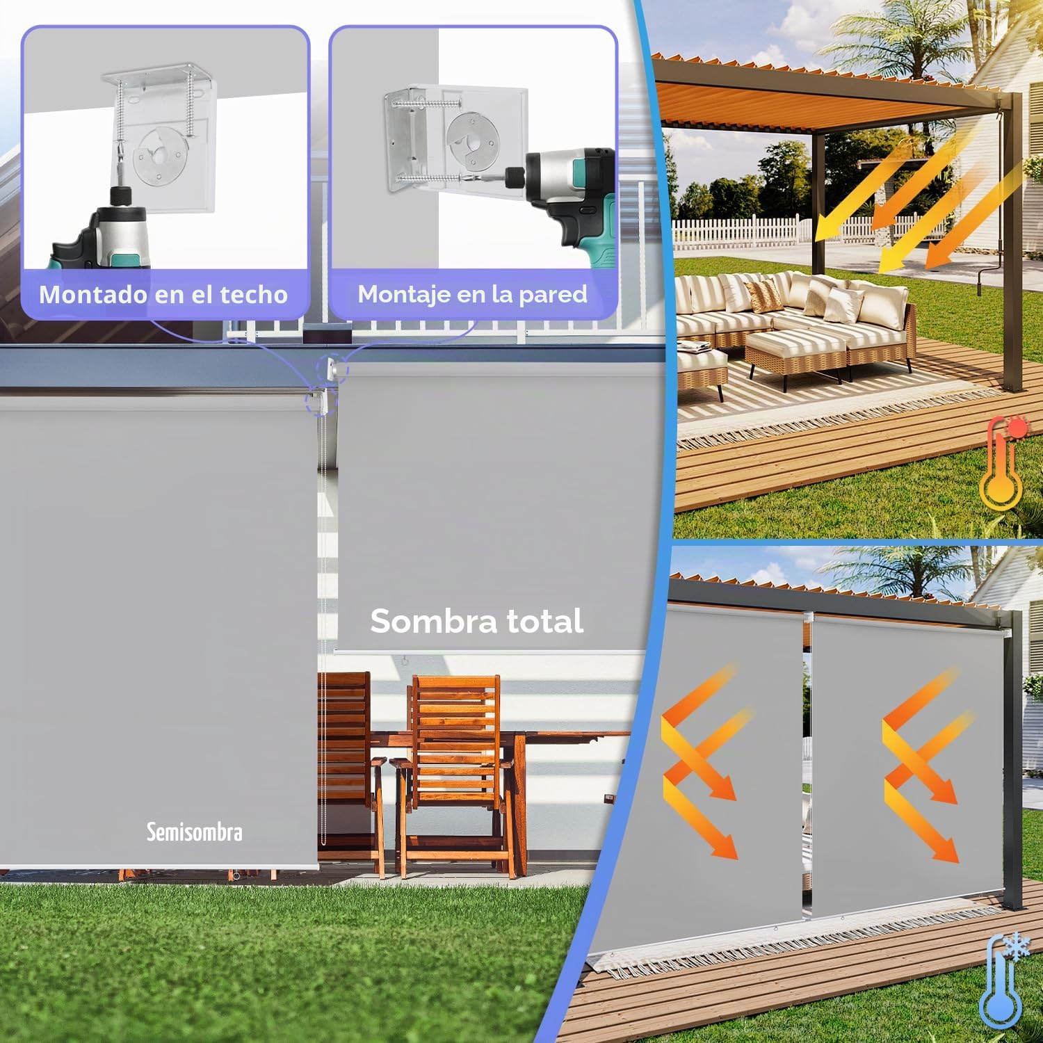 Ikodm Toldo Vertical de 140 x 240 cm, protección Solar, protección contra el Viento, Estor Lateral, sombreado, Resistente a la Intemperie, para Balcones, terraza, Gris Claro