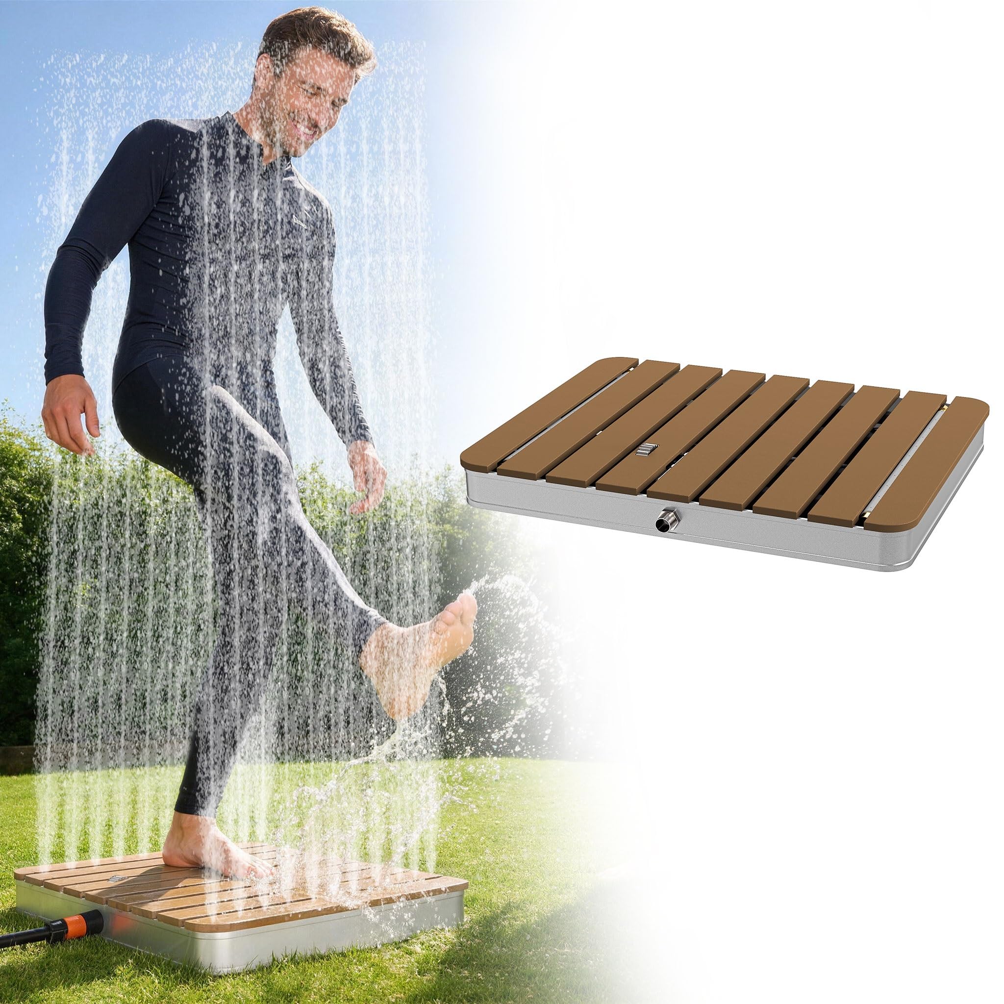 UISEBRT WPC Gartendusche Bodendusche mit Fußrad bis 4 m Fontänenhöhe,rutschfest wetterfest Frost- & UV-Beständig Außendusche für Pool, Camping, Sauna, Hundewäsche,Braun Eckig (70cm×55cm)