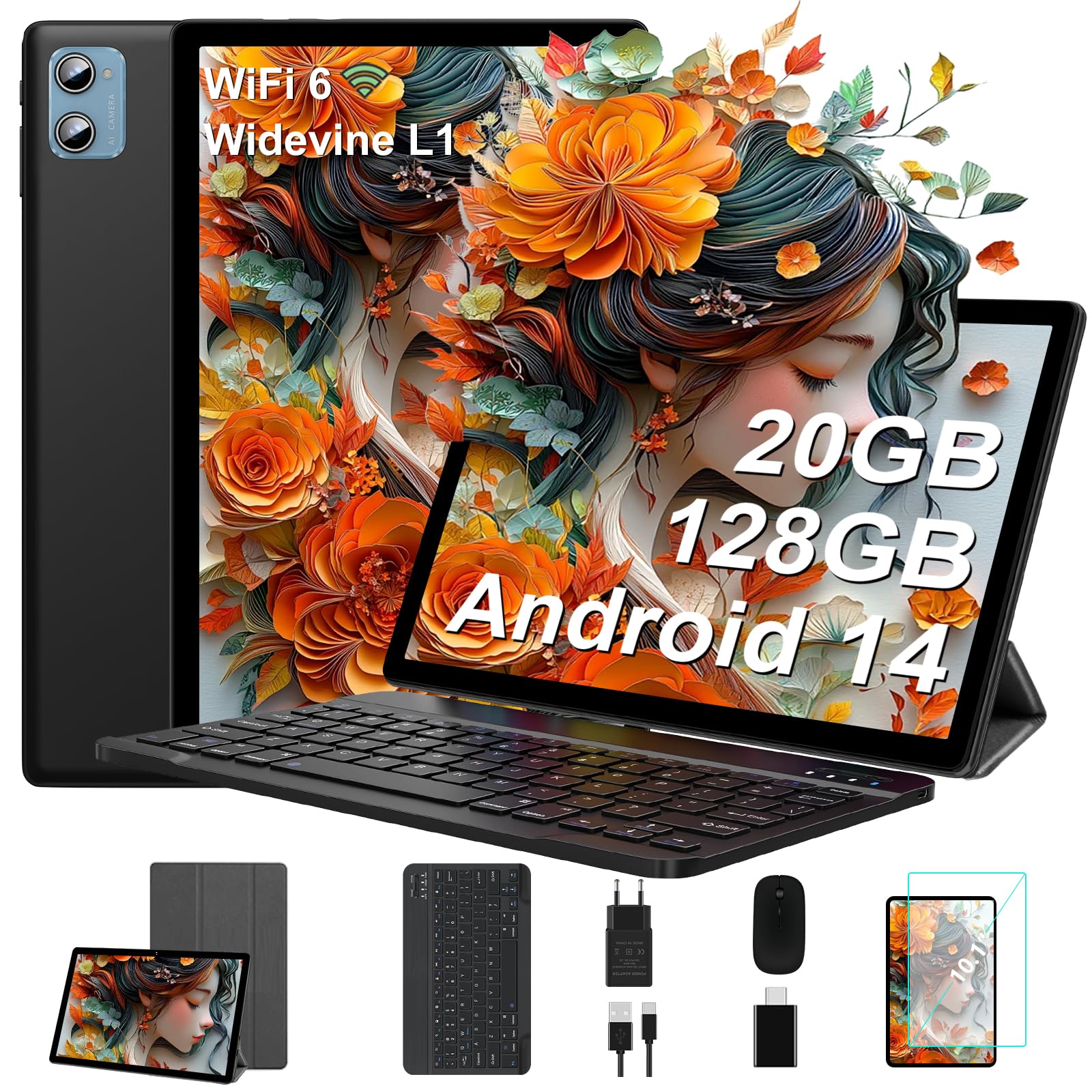 SUAAT Newest 2025 Tablet Android 14 10 Pollici 20GB RAM 128GB ROM WiFi 6, 5G+2.4G WiFi, Octa-Core, GMS Certified, Widevine L1, Bluetooth 5.0, Tablet Touch con Tastiera| Mouse| Custodia -Nero