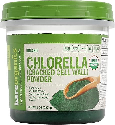 BareOrganics 12522 USDA Polvo orgánico de Chlorella, superalimento en polvo, suplemento dietético, 8 onzas