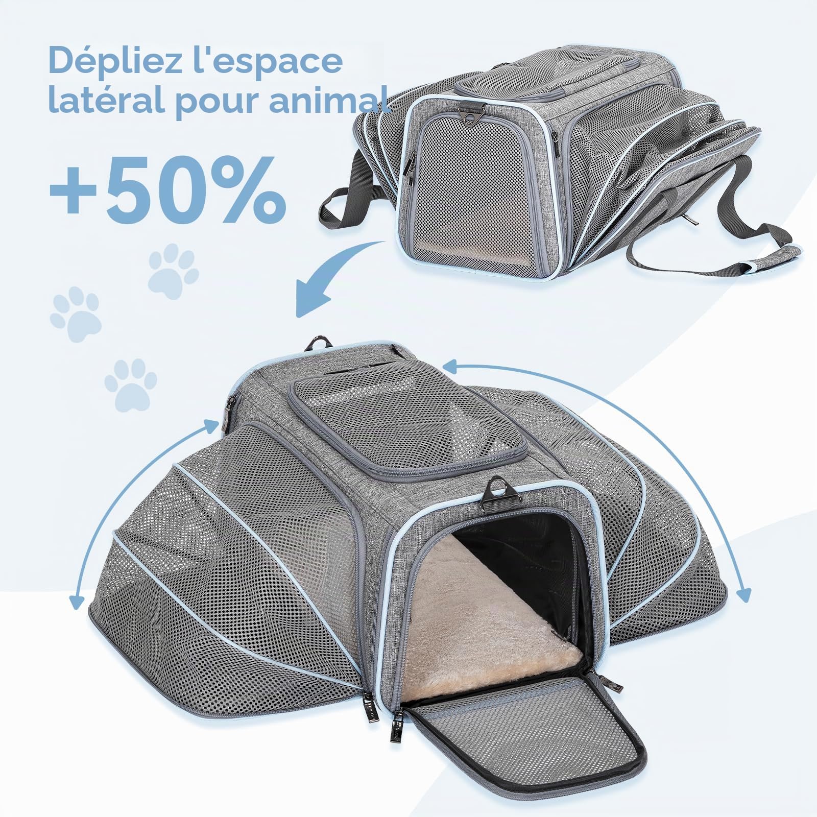 Petsfit Sac Transport Chat Extensible avec Tapis Amovible - Sac de Transport pour Chat/Chien Pliable en Oxford 600D - Sac Transport Chien Extensible des Deux côtés Sécurisé Voiture/Voyage, S/Gris