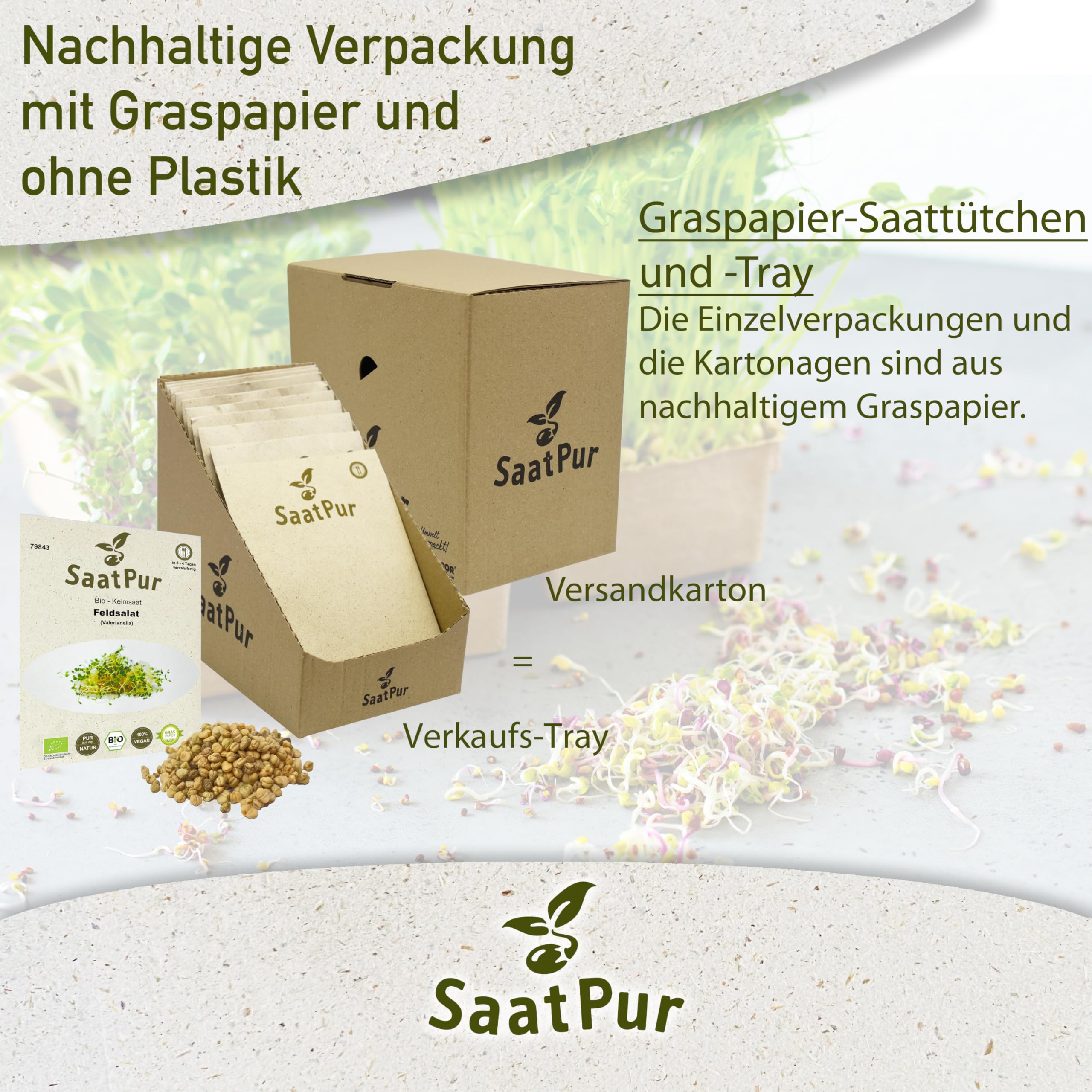 Bio Sprossen Samen Feldsalat - 100% Bio Keimsprossen - Microgreens mit hoher Keimkraft - Kleines Tray mit 20 Portionstüten je 10g