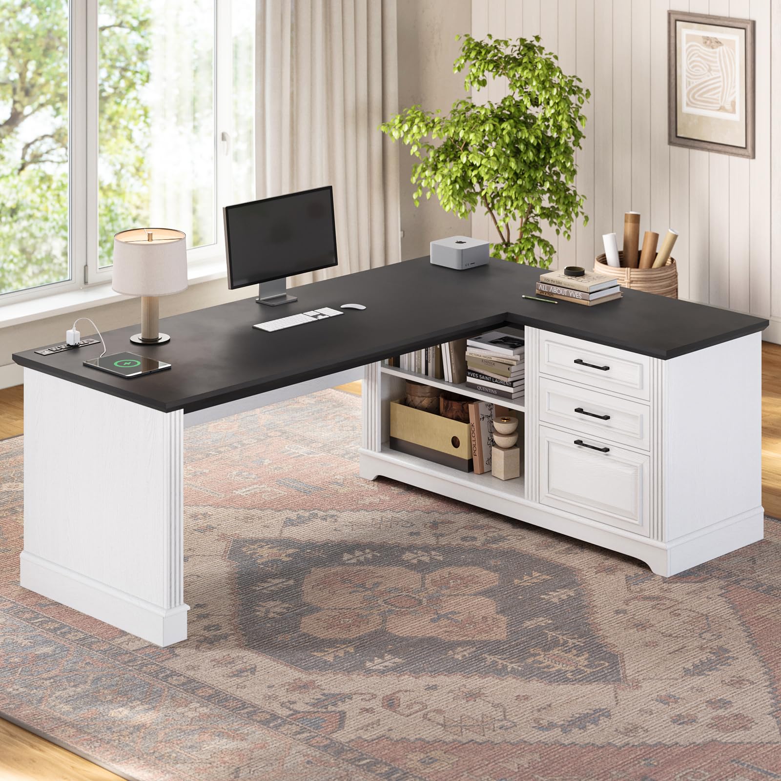 SEDETA Farmhouse 61" L-Shaped Executive Desk, White