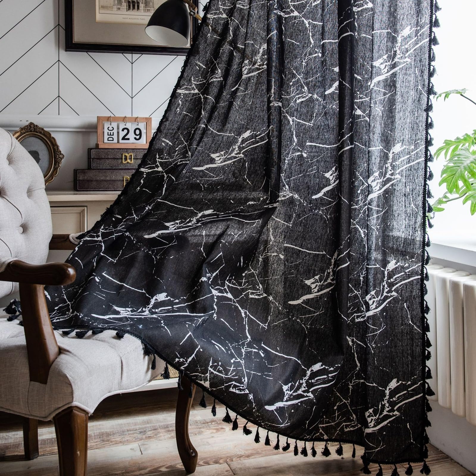 AMDXD Cortinas negras para habitación infantil con ojales, diseño de mármol, opacas con estampado de algodón y lino, 150 x 160 cm (ancho x alto)