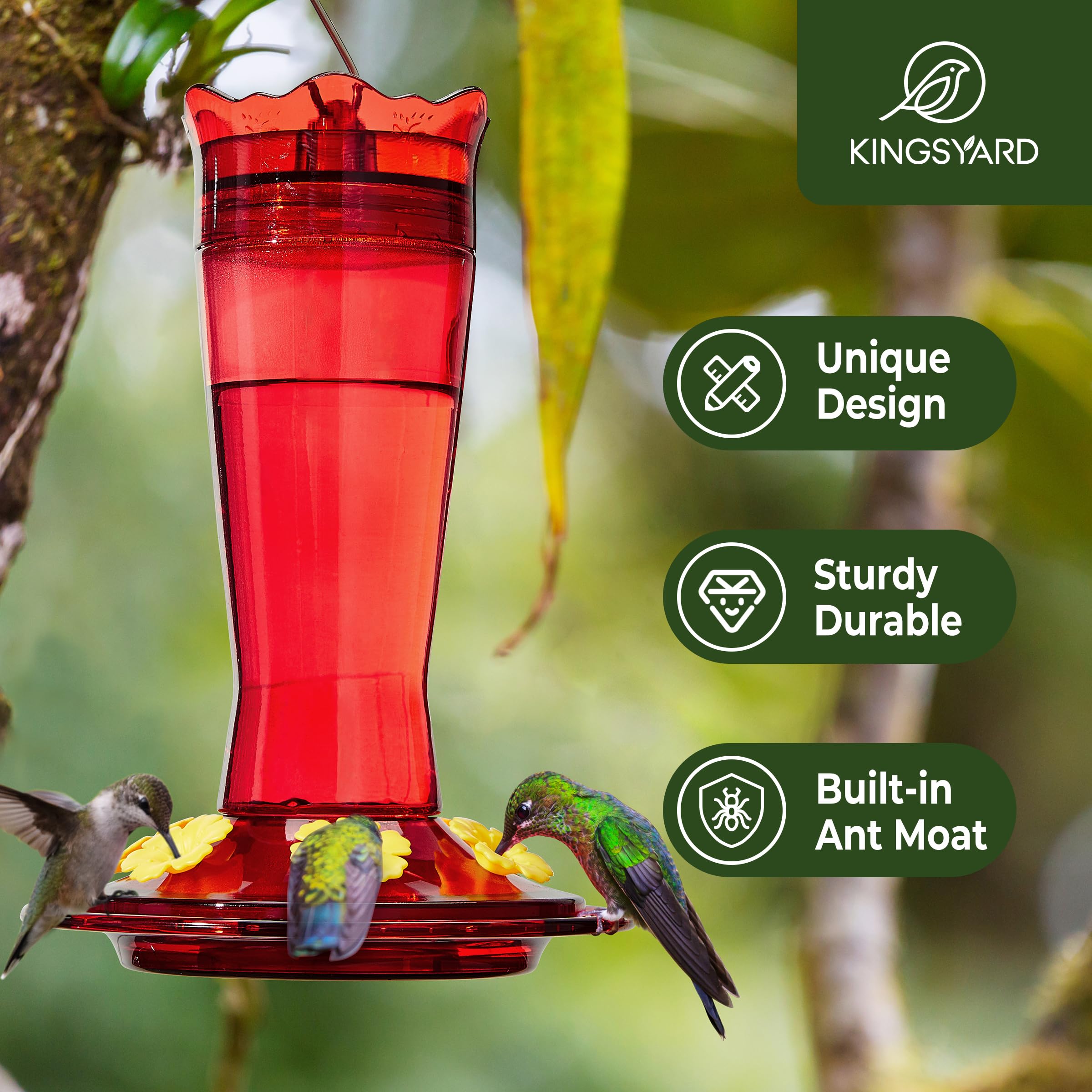 Kingsyard Comedero de colibrí de vidrio para colgar al aire libre, 6 puertos de alimentación de protección de abejas y foso de hormigas integrado, comedero de pájaros silvestres para jardín exterior,