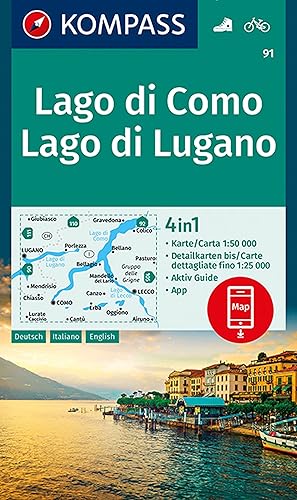 Carta escursionistica n. 91. Lago di Como, Lago di Lugano, 1:50.000. Ediz. italiana, tedesca e inglese: 4in1 Wanderkarte 1:50 000 mit Aktiv Guide und ... Verwendung in der KOMPASS-App. Fahrradfahren