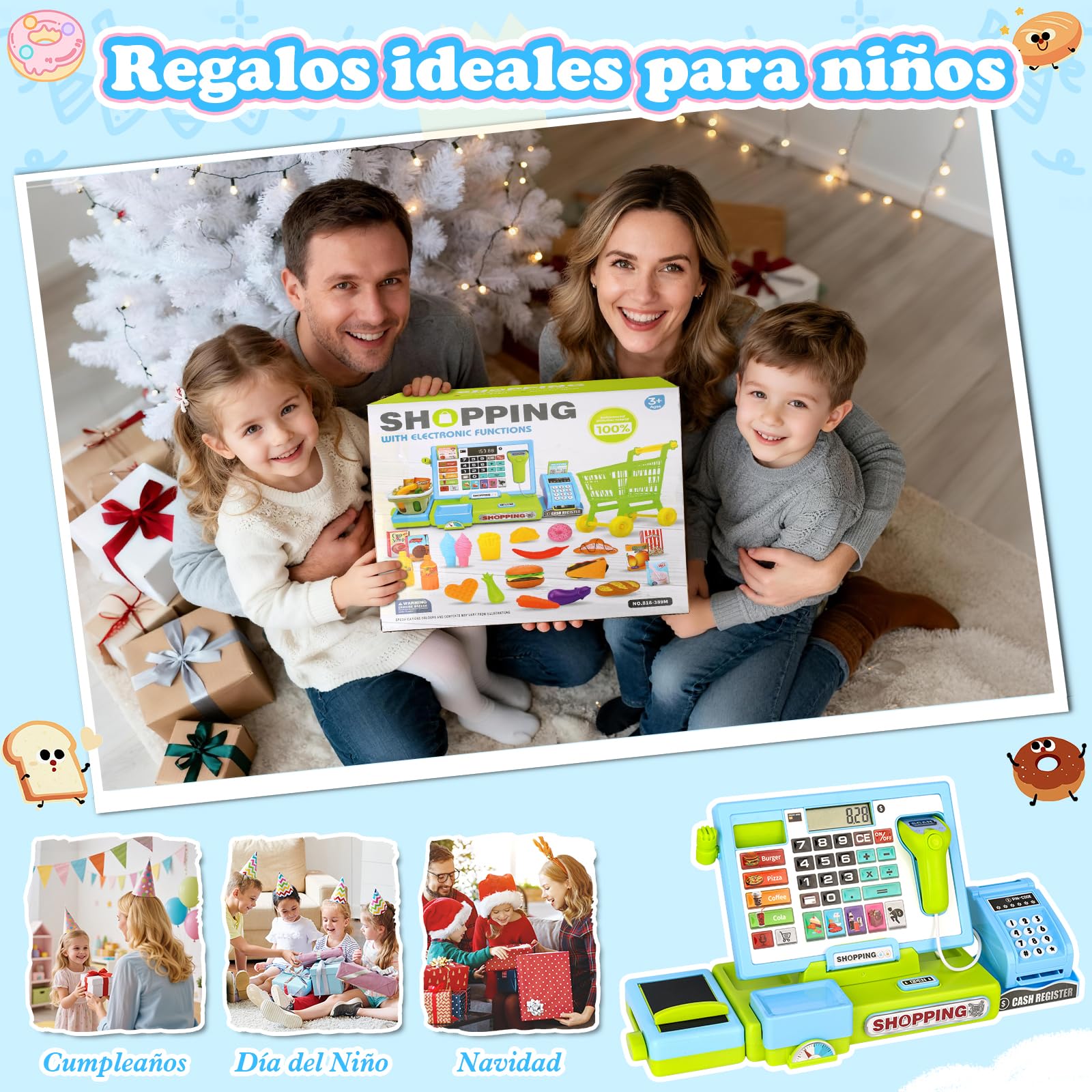 Caja Registradora Juguete Niños Juego de Imitación Supermercado con Sonidos, la Compra, Regalo Educativo para Niños y Niñas de 3, 4, 5, 6 Años (Blau)
