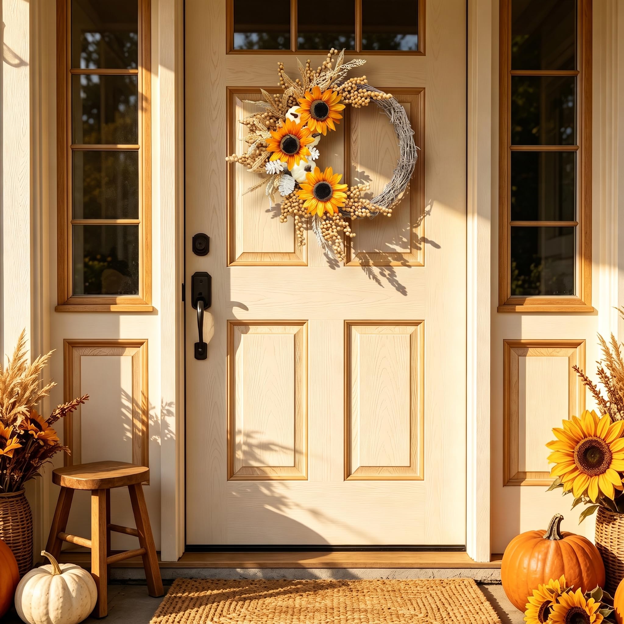 Couronne d'automne de tournesol de 50,8 cm pour porte d'entrée avec | Couronne d'automne artificielle avec pommes de pin pour Thanksgiving, récolte, Halloween, fenêtre, maison, mur, ferme