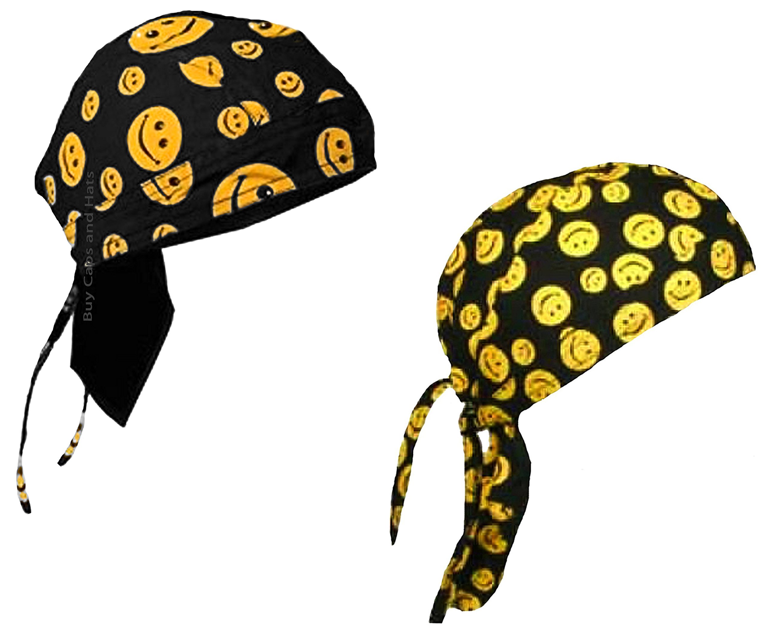Smiley Face 2 Pack Doo Rags Motorcycle Skull Caps Fun Bandana Set Black