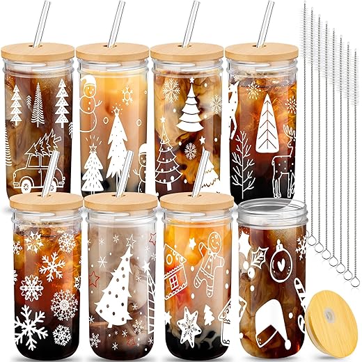 Tioncy 8 Sets Christmas Cups 24 oz Christmas Mason Jars with Lid and Straw Christmas Tumbler Drinking Glasses Coffee Cups Glassware Water Bottles Xmas Gift for Women Kids Men(Classic)