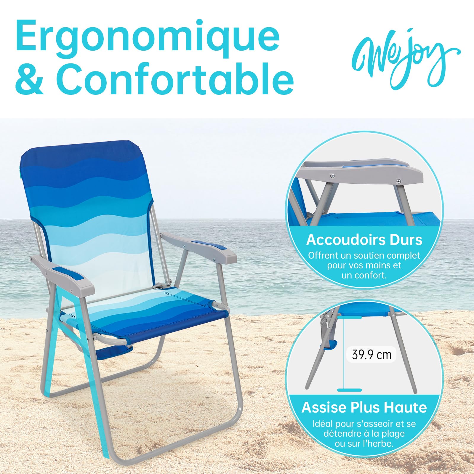 #WEJOY Chaise de Plage Pliable Fauteuil de Plage avec Dossier Haut Chaise de Camping Pliante Chaise de Pêche avec Accoudoirs, Charge Max 136 kg pour Camping Extérieur Plage Jardin Terrasse Lot de 1/2