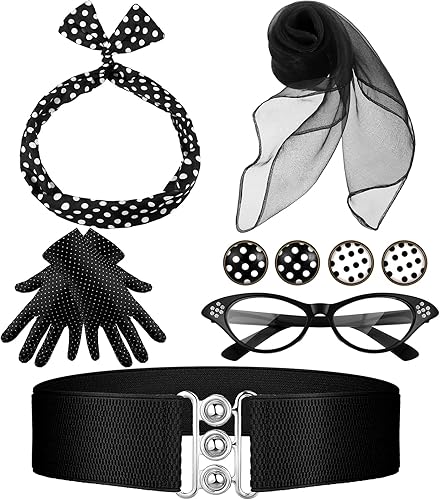 Newcotte 7 piezas de accesorios de disfraz de los años 50 para mujer, bufanda, lunares, ojo de gato, bandana, diadema, aretes, guantes, cintura