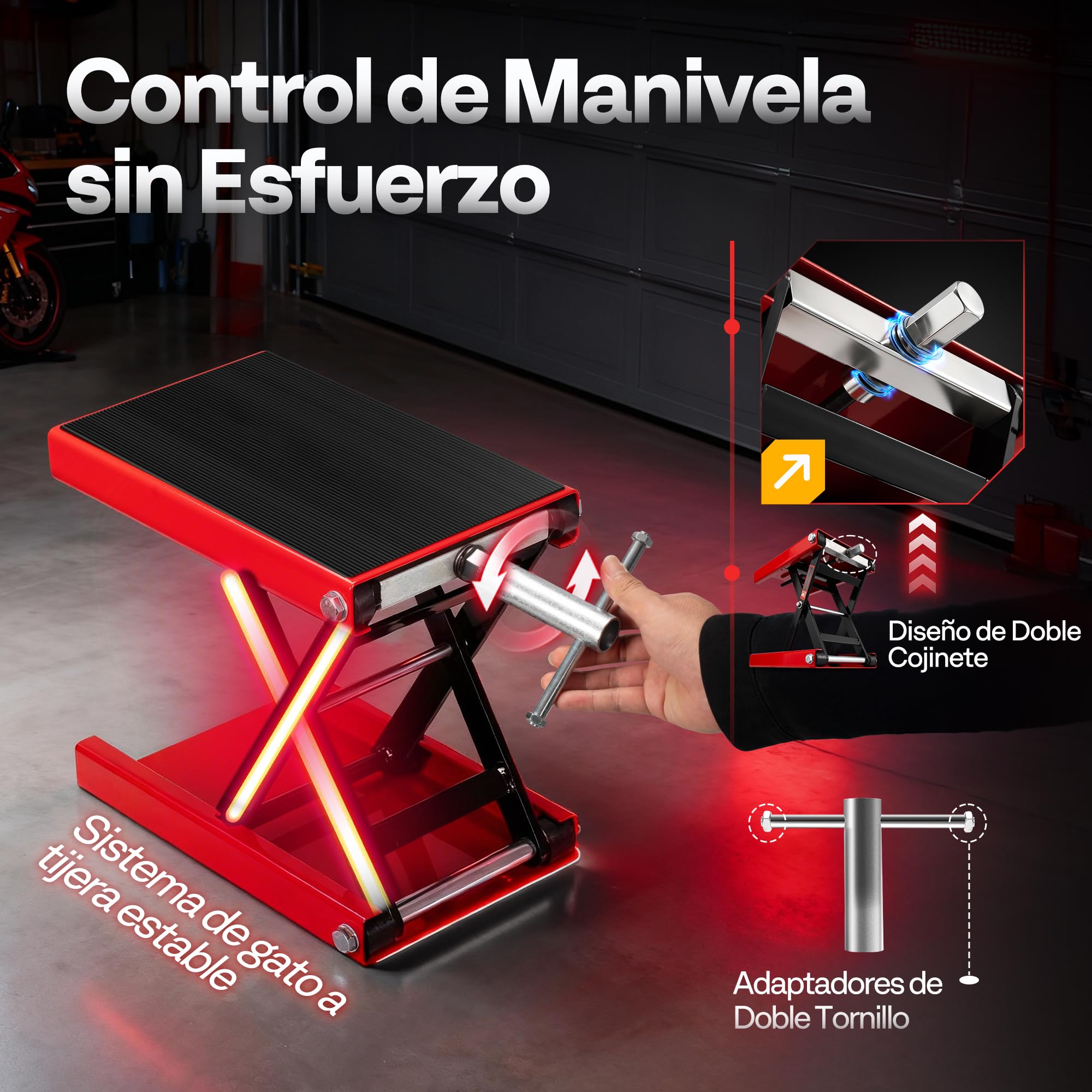 VIVOHOME Elevador Moto Plataforma Elevadora Motocicleta Ancha de Acero Altura Ajustable, Soporte Central Capacidad de 500kg para Coche Taller Garaje Vehículos Rojo