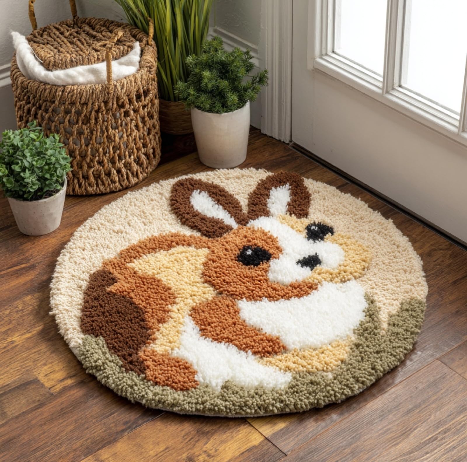 WallustrioaW Latch Hook Rug Kit,Cute Bunny,Carpet Crochet Yarn Kits for Adults,Latch Hook Kits for Adults Colorful Pattern Printed Canvas,50x50cm