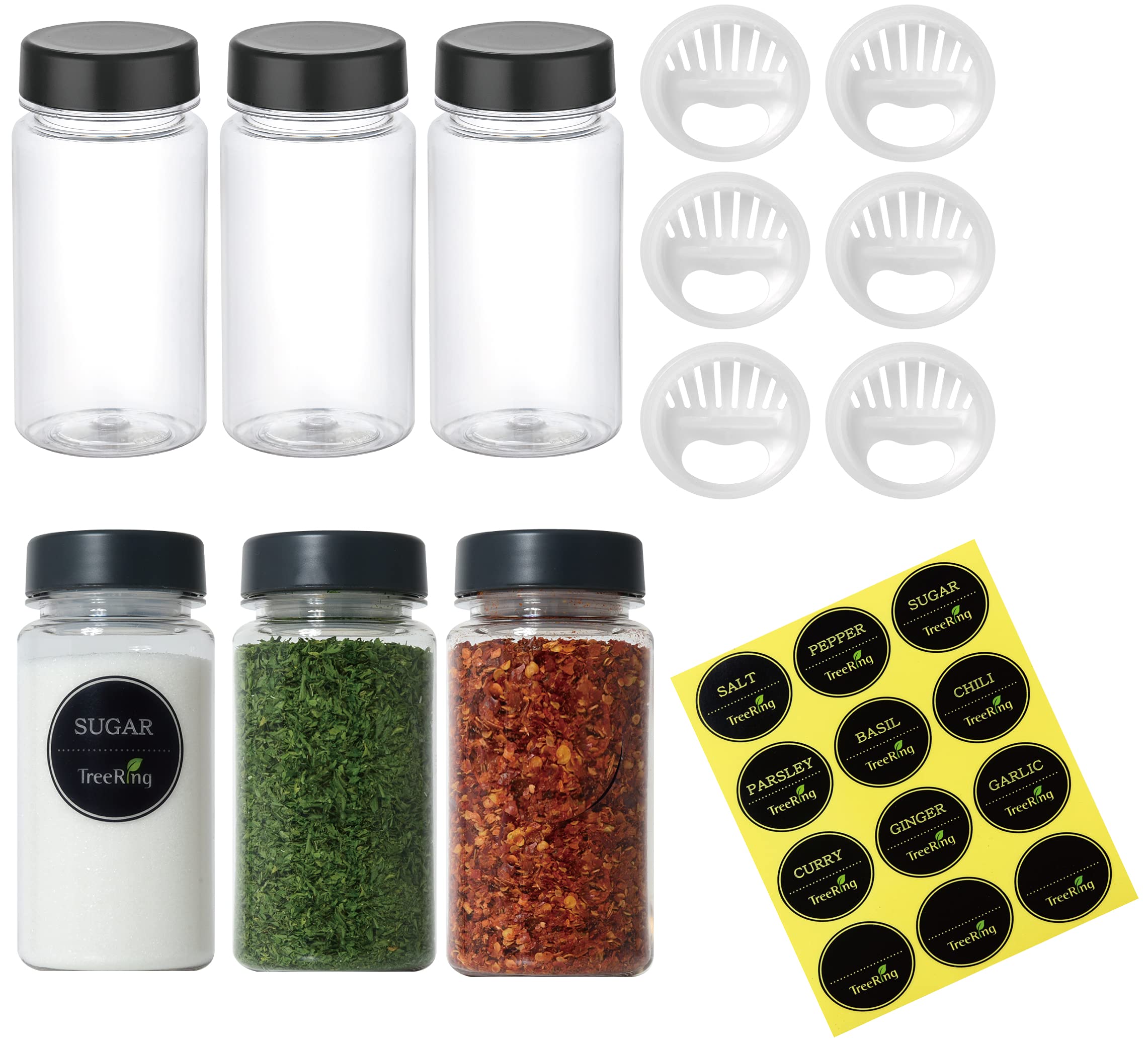 TreeRing 6 Pcs Unbreakable Tritan Spice Plastic Containers/Bottles 12oz Empty Circle Spice Jars with Shaker Lids, Airtight Plastic Caps, and 12 Spice Waterproof Labels