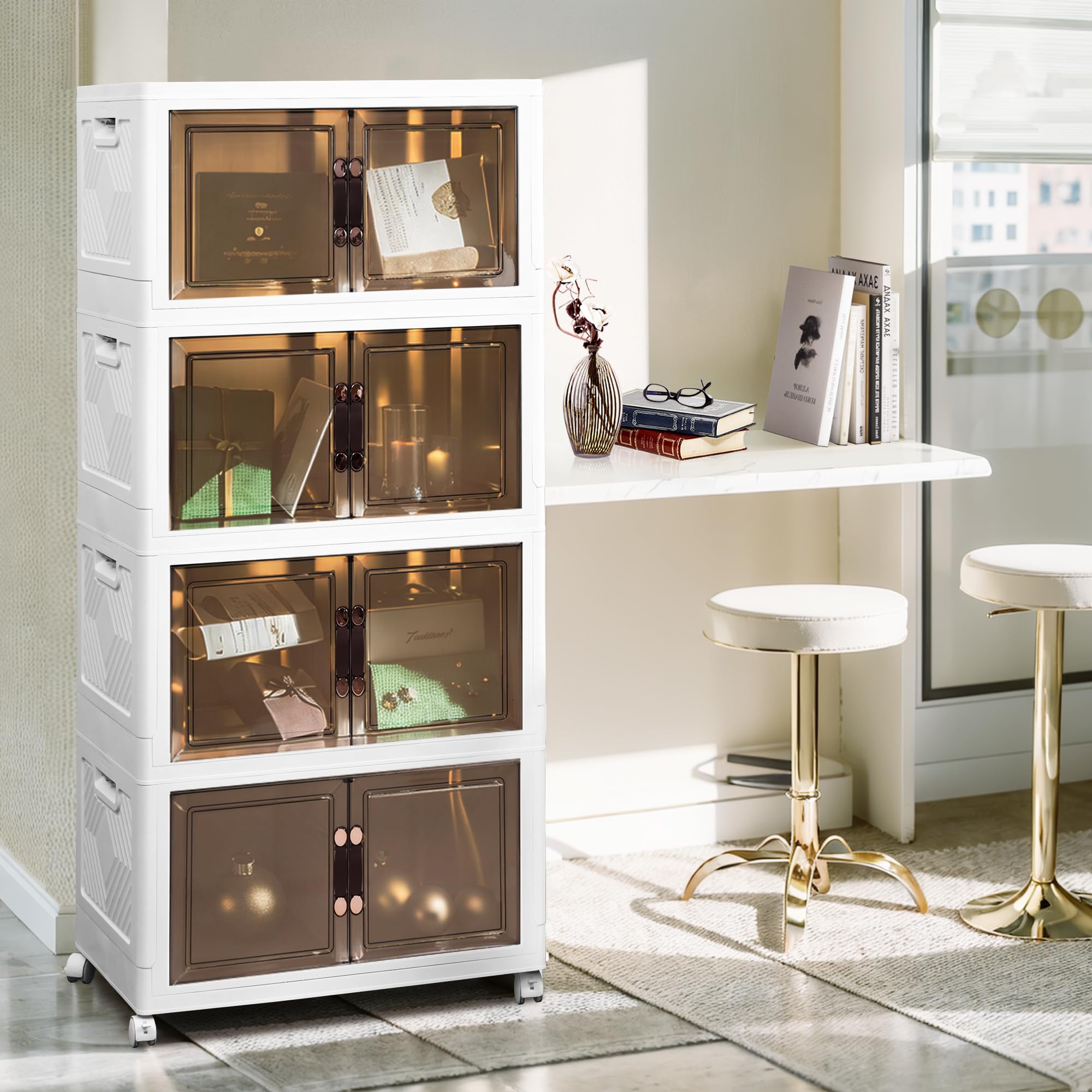 Plastic Stackable Storage Bins with Lids - 80Gal/325Qt/4Pack Collapsible Storage Cabinet with Wheels, Storage Bin Closet Organizer for Clothes, Stackable Storage Containers for Home