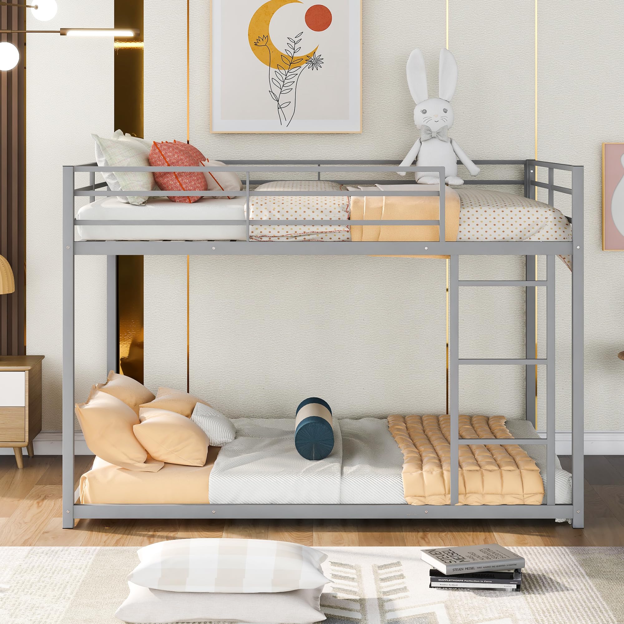 SOFTSEA Full Over Full Bunk Bed for Kids Teens, Modern Low Metal Bunk Bed, No Box Spring Needed