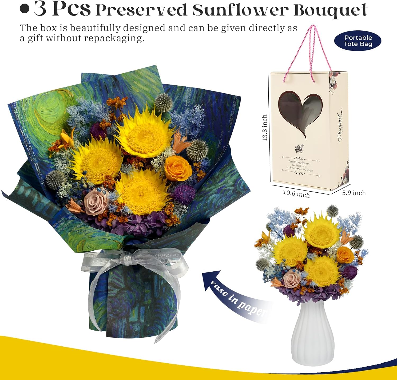 Preserved Flowers Bouquet – Forever Real Roses, Long-Lasting Flowers for Delivery | Birthday Gifts for Women, Mom, Wife, Friend | Ideal for Anniversary, Mother’s Day, Graduation (Sunflower) - Image 2